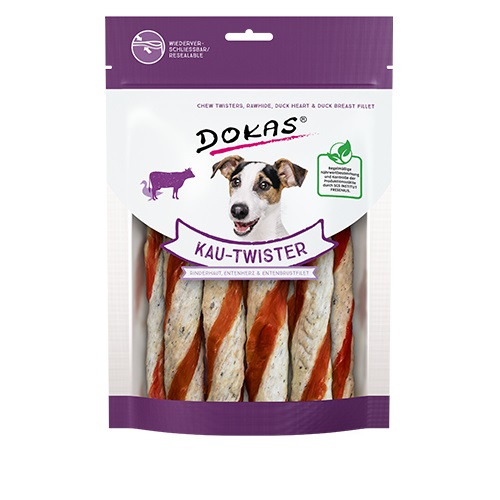 Dokas Twister Snack per Cani - Bastoncini Arrotolati con Pelle di Manzo, Cuori e Petto d'Anatra - 200 g - Senza Cereali