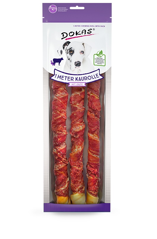 DOKAS Snack per Cani - Rullo da 1 m con Petto d'Anatra e Pelle Bovina, Confezione da 8 (8 x 315 g)