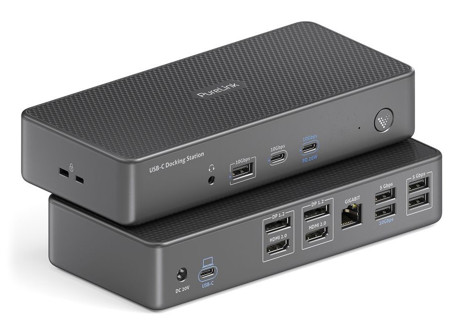 PureLink VL-D210DL Docking Station USB-C 14-in-1 con supporto 4K, ricarica PD 100W, doppio schermo HDMI e DP, 4 porte USB 10Gbps, Gigabit Ethernet - Grigio