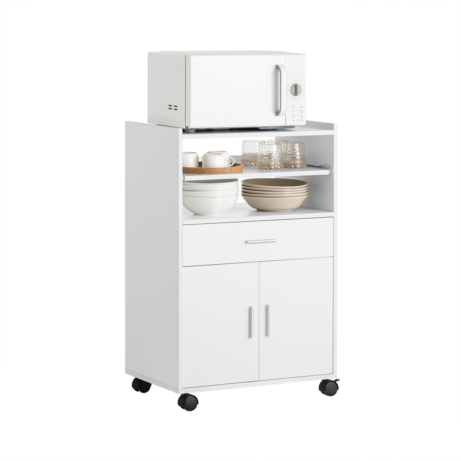SoBuy Carrello da Cucina Bianco con Ruote, Piano Estraibile e Cassetto - Mobiletto Salvaspazio per Microonde