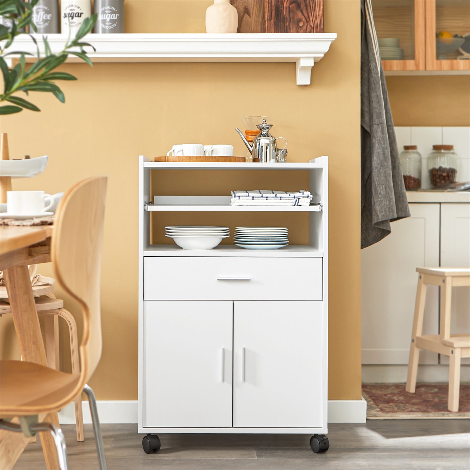 SoBuy Carrello da Cucina Bianco con Ruote, Piano Estraibile e Cassetto - Mobiletto Salvaspazio per Microonde
