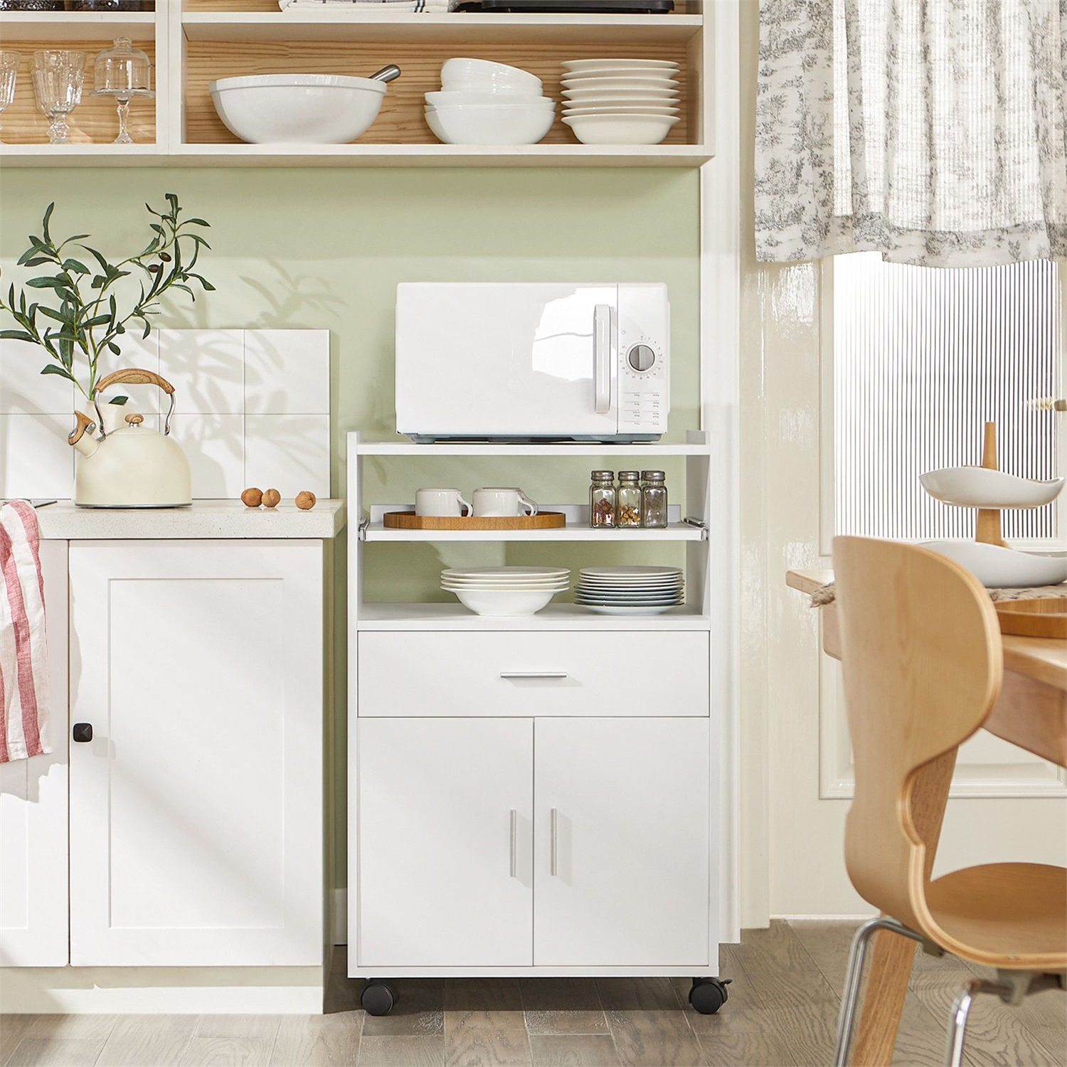 SoBuy Carrello da Cucina Bianco con Ruote, Piano Estraibile e Cassetto - Mobiletto Salvaspazio per Microonde