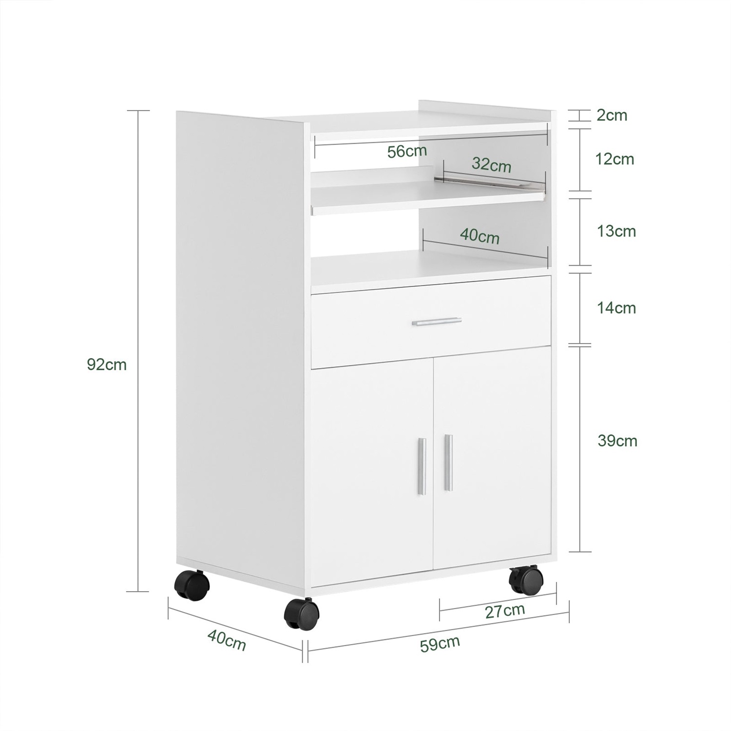 SoBuy Carrello da Cucina Bianco con Ruote, Piano Estraibile e Cassetto - Mobiletto Salvaspazio per Microonde