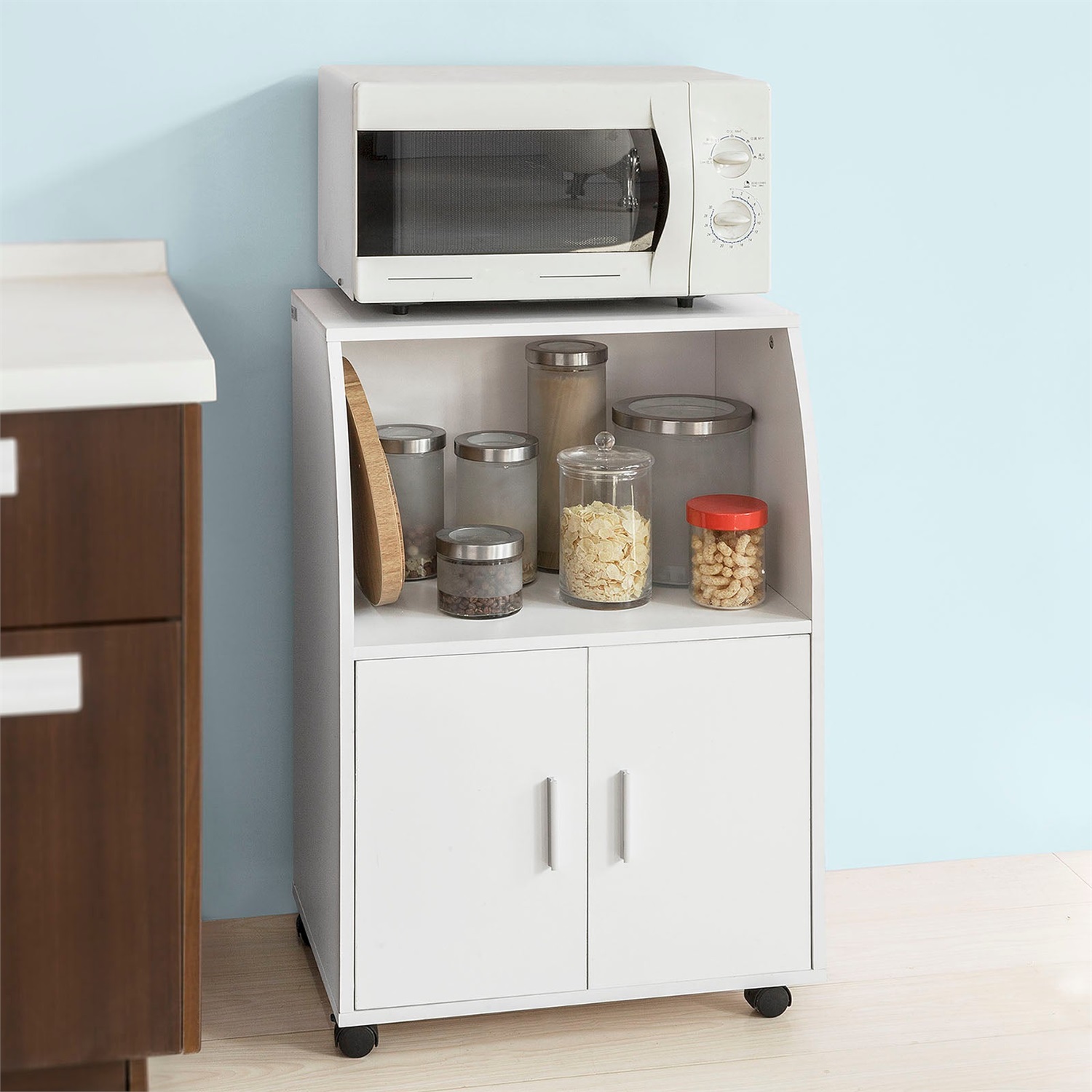 SoBuy FRG241-W Carrello da Cucina Salvaspazio con Ante e Ripiano Regolabile - Armadio a Rotoli per Microonde e Bevande, Bianco, 92x59x40 cm