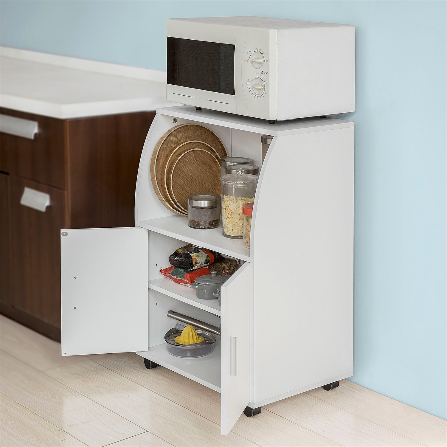 SoBuy FRG241-W Carrello da Cucina Salvaspazio con Ante e Ripiano Regolabile - Armadio a Rotoli per Microonde e Bevande, Bianco, 92x59x40 cm