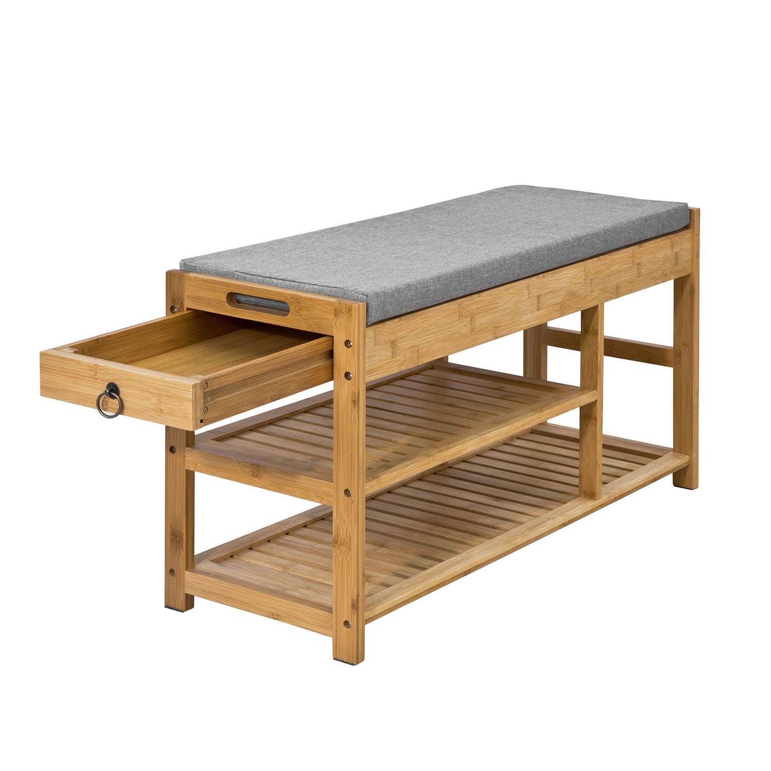 SoBuy FSR47-N Cassapanca Scarpiera in Legno Massiccio con Cuscino, 2 Cassetti e Ripiani, Portata fino a 150 kg, Dimensioni 90x30x45 cm