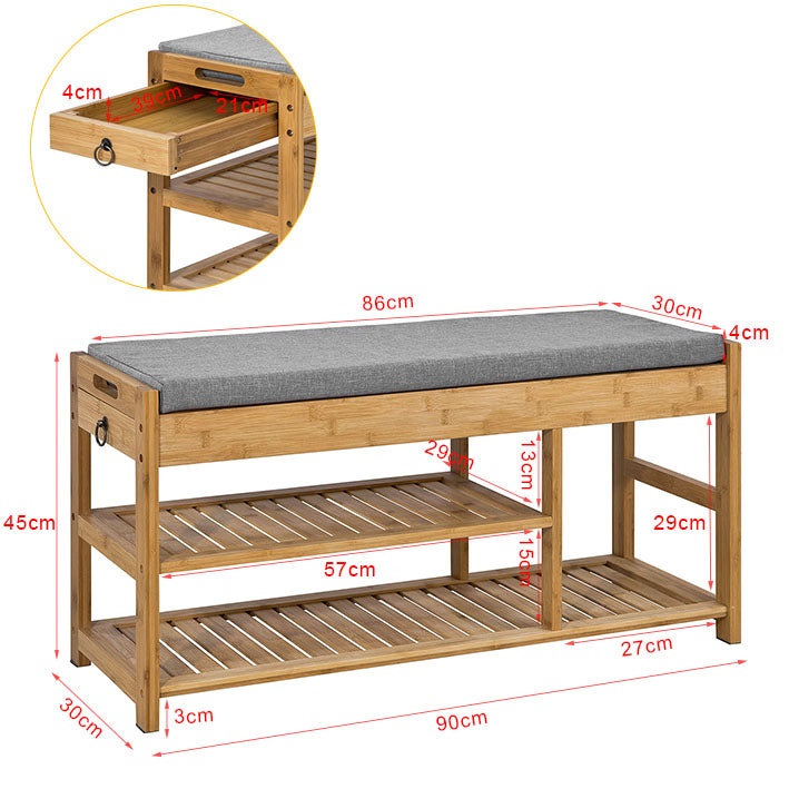 SoBuy FSR47-N Cassapanca Scarpiera in Legno Massiccio con Cuscino, 2 Cassetti e Ripiani, Portata fino a 150 kg, Dimensioni 90x30x45 cm
