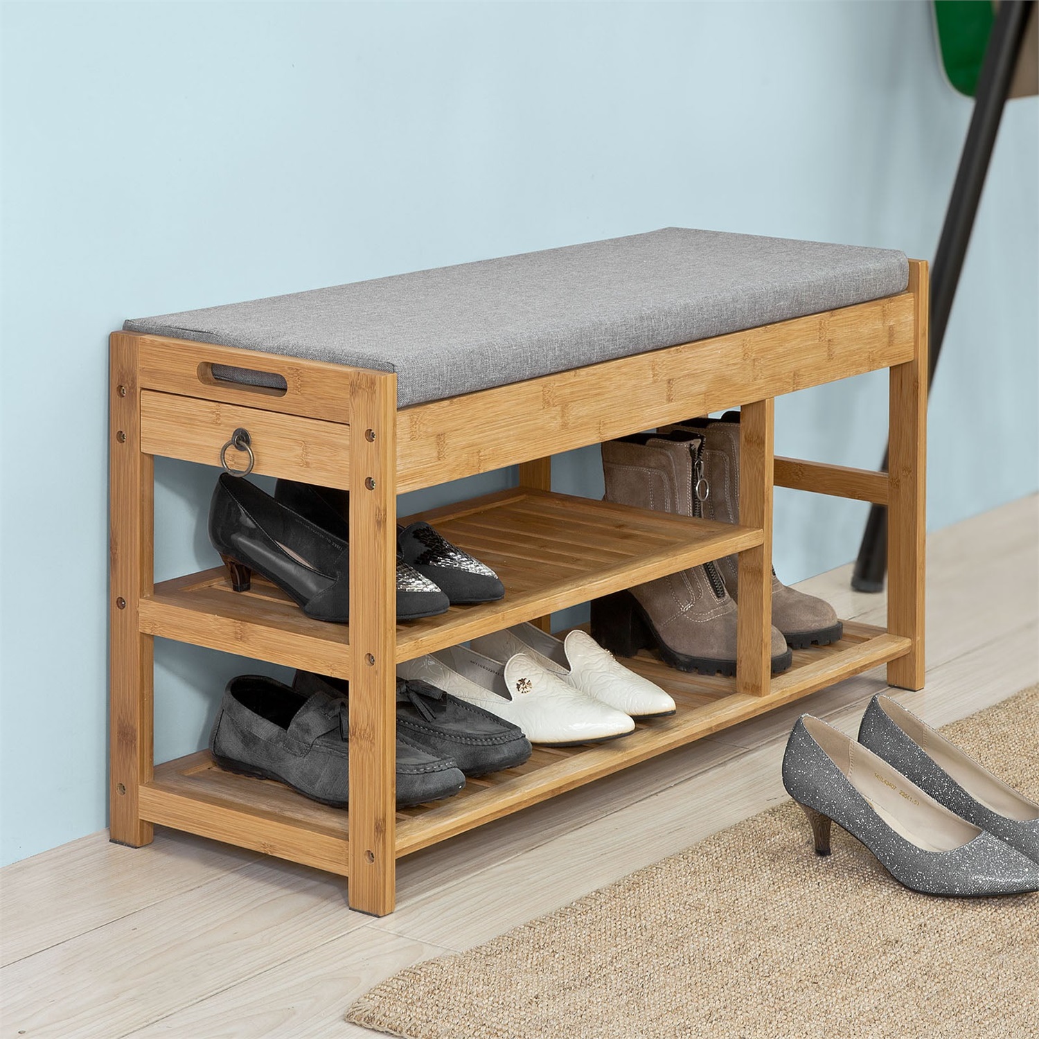 SoBuy FSR47-N Cassapanca Scarpiera in Legno Massiccio con Cuscino, 2 Cassetti e Ripiani, Portata fino a 150 kg, Dimensioni 90x30x45 cm