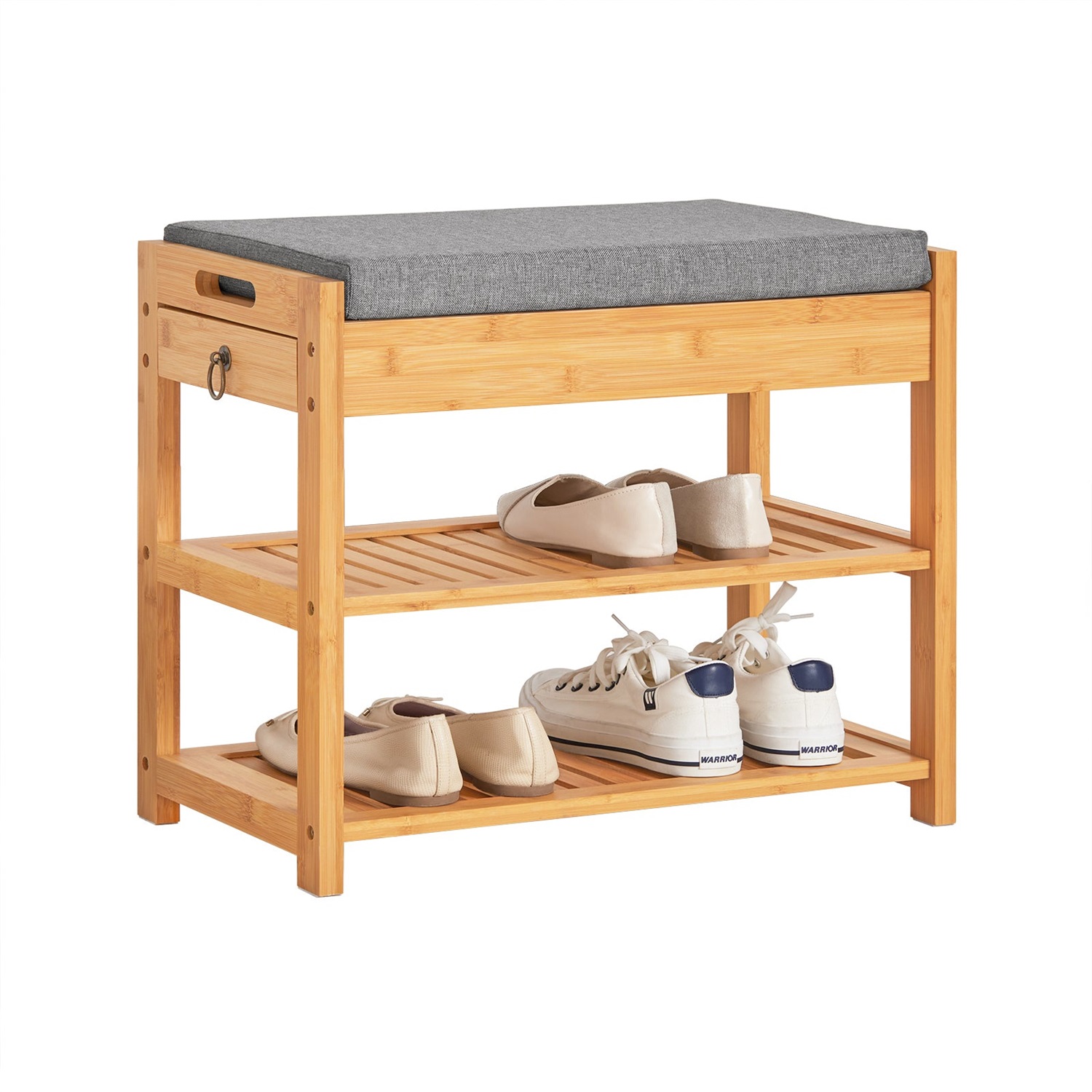 SoBuy FSR49-N Scarpiera Panca Ingresso con Cuscino Imbottito, 2 Ripiani per Scarpe e Cassetto Removibile, in Bambù, 55x46x30 cm, Portata 150 kg