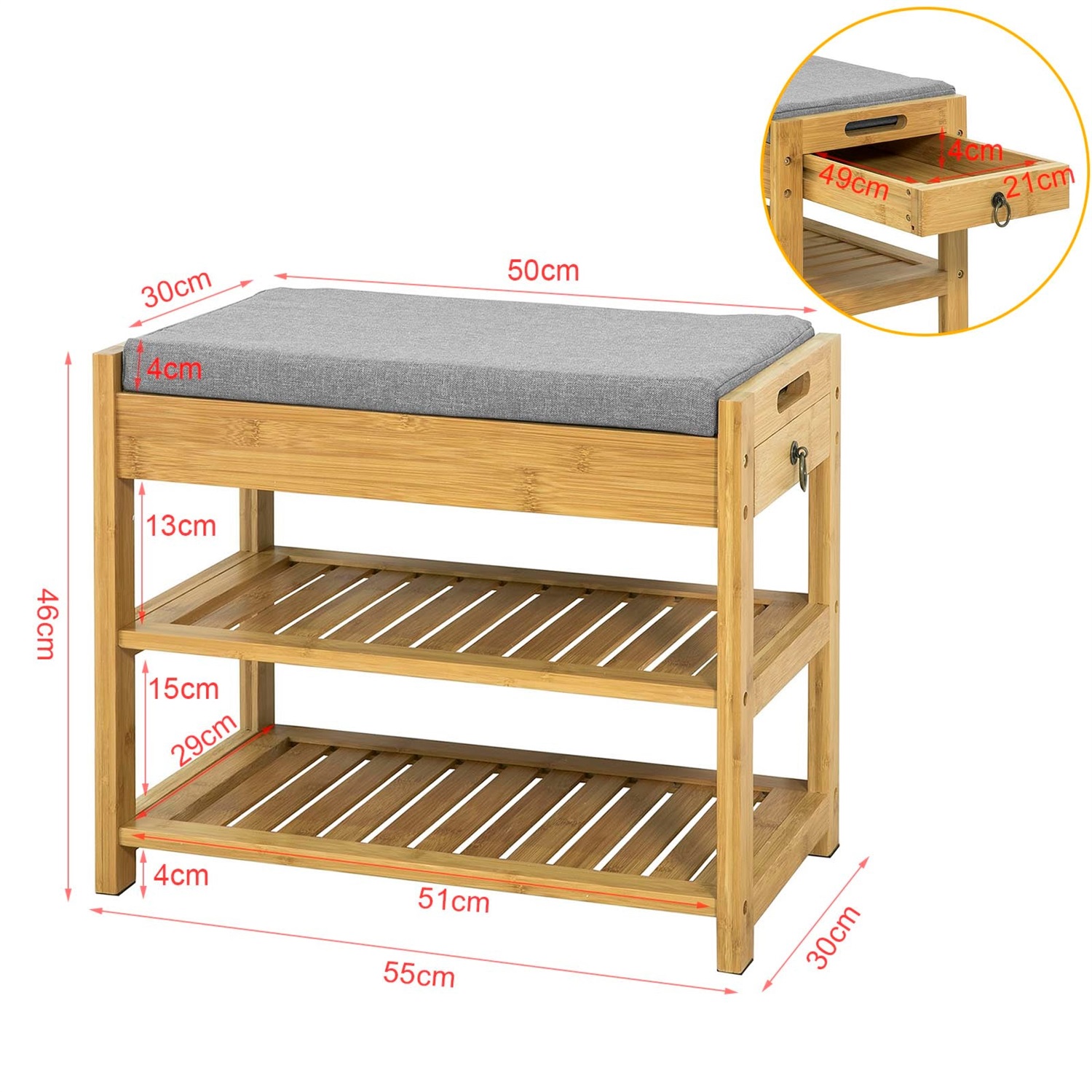 SoBuy FSR49-N Scarpiera Panca Ingresso con Cuscino Imbottito, 2 Ripiani per Scarpe e Cassetto Removibile, in Bambù, 55x46x30 cm, Portata 150 kg