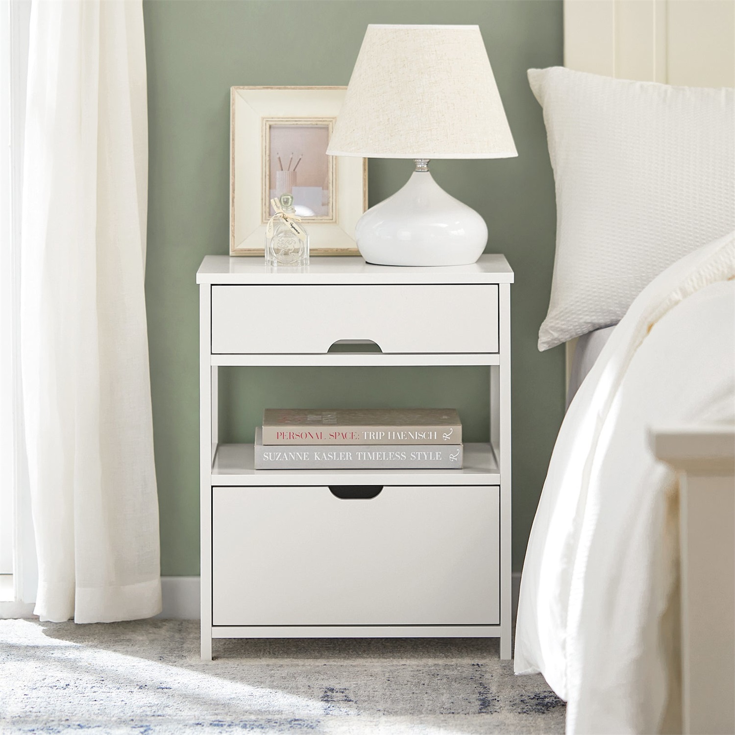 SoBuy FRG258-W Comodino Bianco con 2 Cassetti e 1 Ripiano - Dimensioni L45 x P38 x A55 cm
