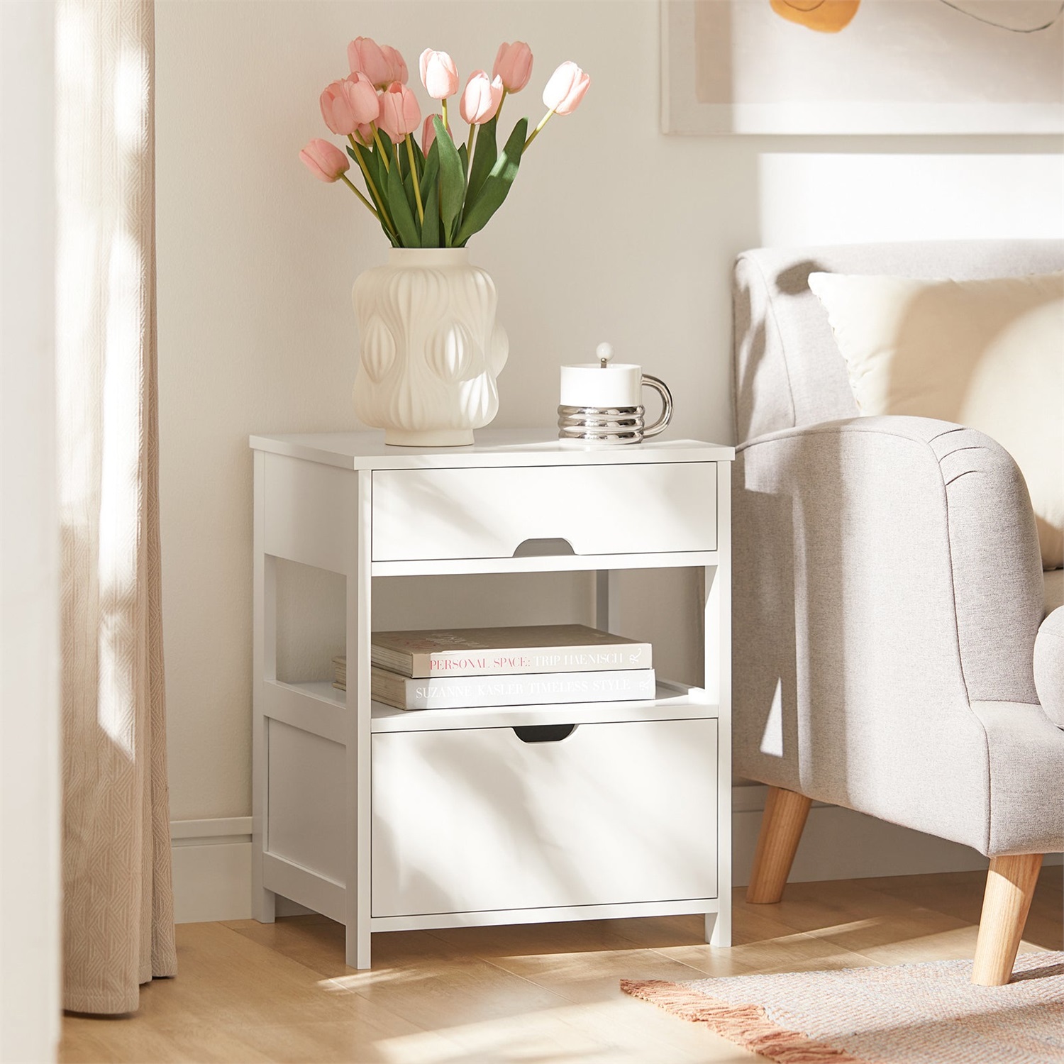 SoBuy FRG258-W Comodino Bianco con 2 Cassetti e 1 Ripiano - Dimensioni L45 x P38 x A55 cm
