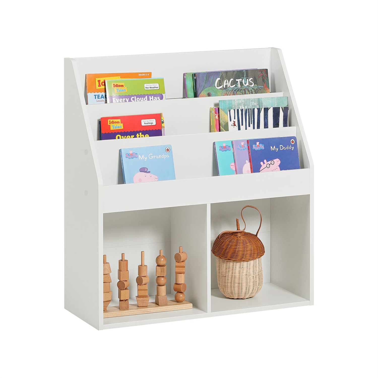 SoBuy Libreria Montessori per Bambini - Scaffale con 3 Scomparti Portaoggetti e 2 Scomparti Aperti, in Legno Bianco, Dimensioni 73x30x80 cm