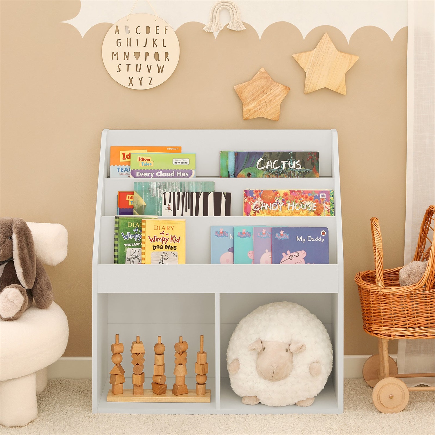 SoBuy Libreria Montessori per Bambini - Scaffale con 3 Scomparti Portaoggetti e 2 Scomparti Aperti, in Legno Bianco, Dimensioni 73x30x80 cm