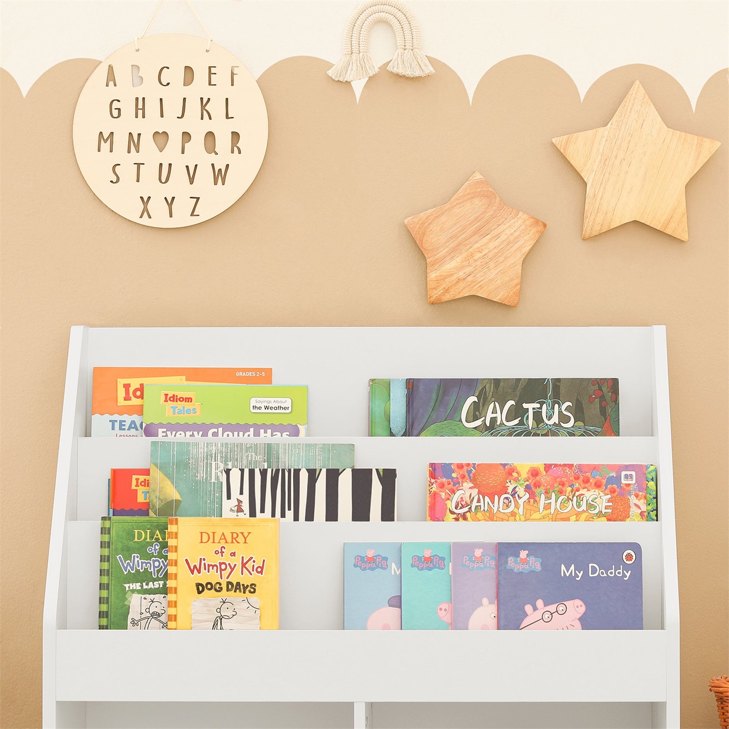 SoBuy Libreria Montessori per Bambini - Scaffale con 3 Scomparti Portaoggetti e 2 Scomparti Aperti, in Legno Bianco, Dimensioni 73x30x80 cm