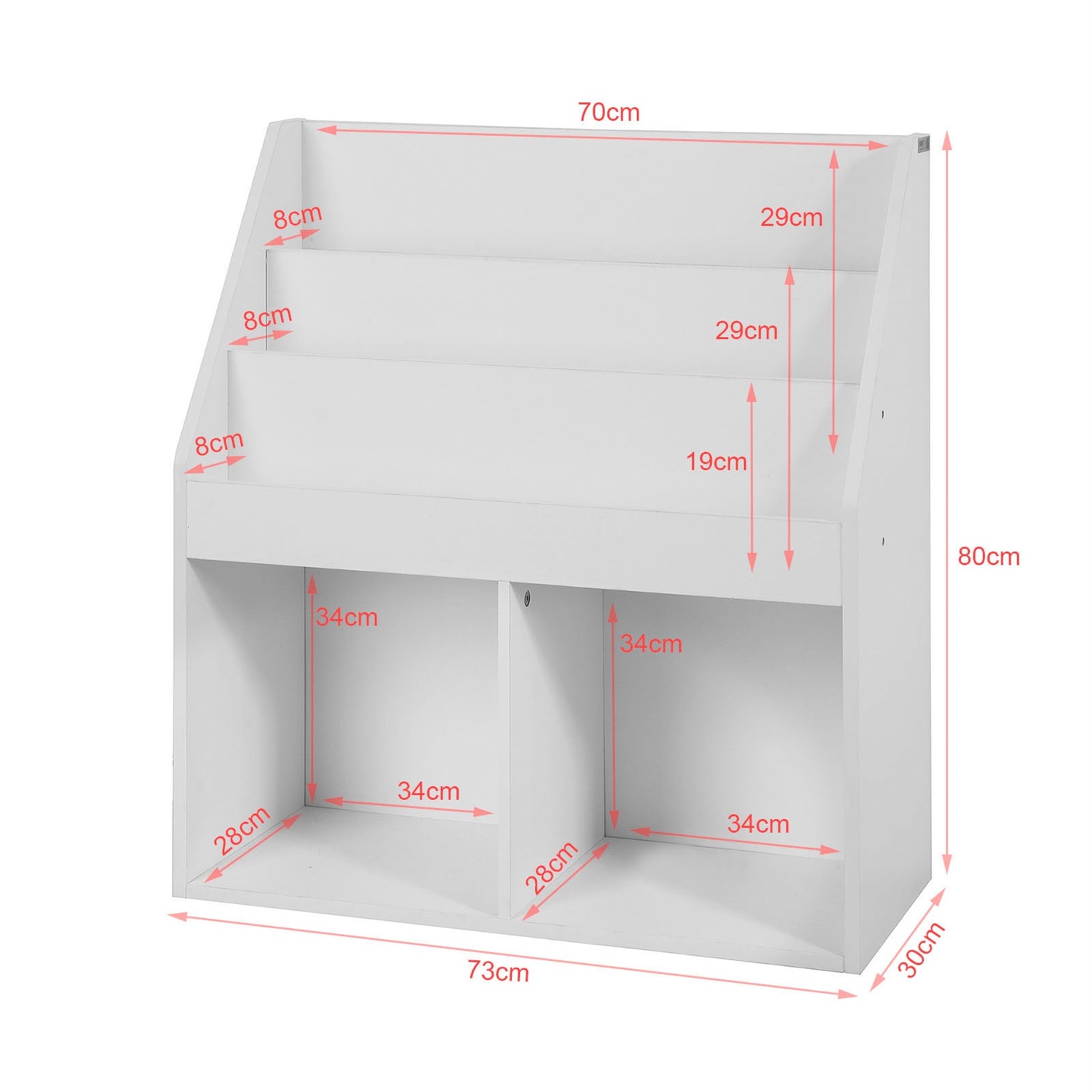 SoBuy Libreria Montessori per Bambini - Scaffale con 3 Scomparti Portaoggetti e 2 Scomparti Aperti, in Legno Bianco, Dimensioni 73x30x80 cm
