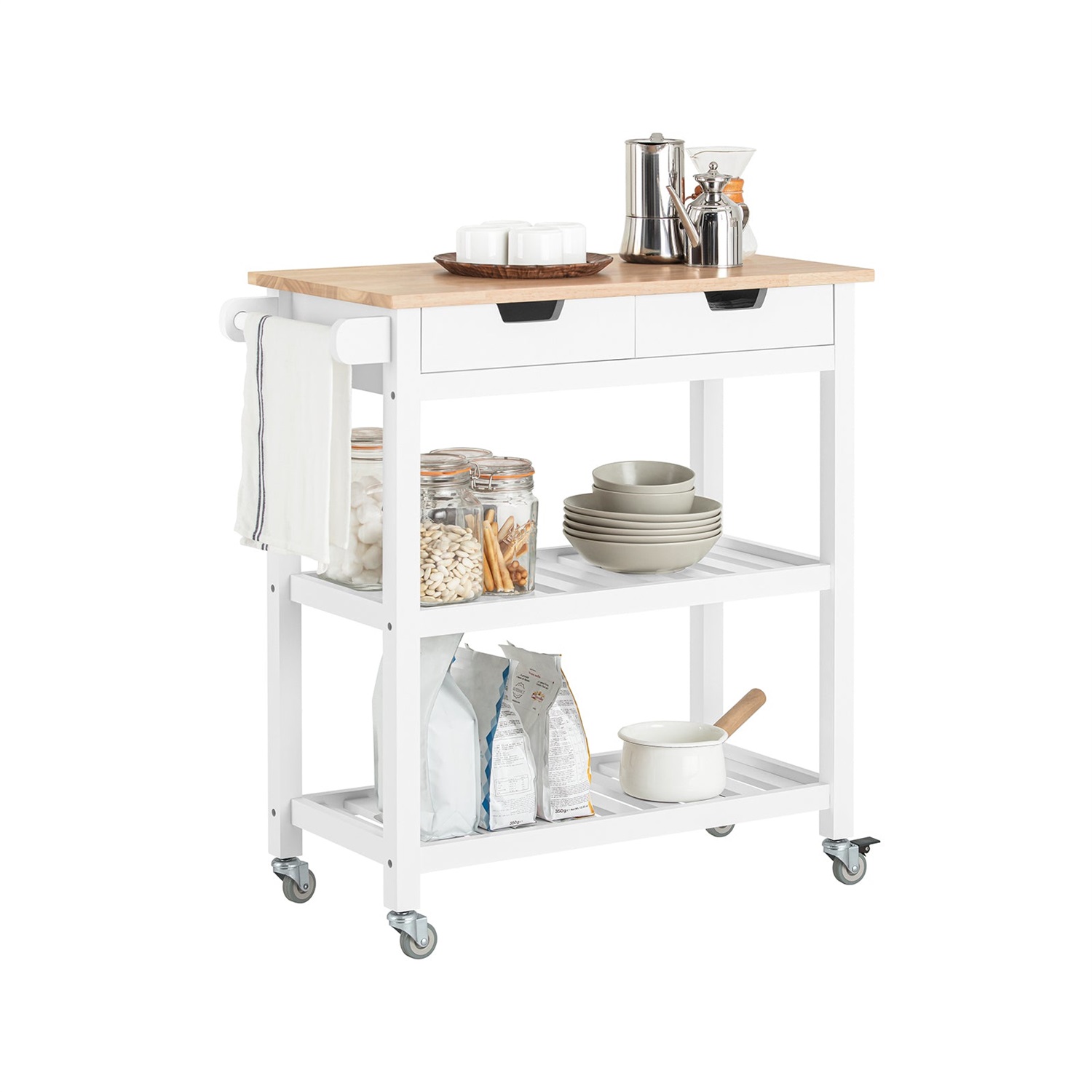SoBuy FKW68-WN Carrello da Cucina con 2 Cassetti e 2 Ripiani, Piano in Legno di Hevea, Dimensioni 85x39x90 cm, Bianco