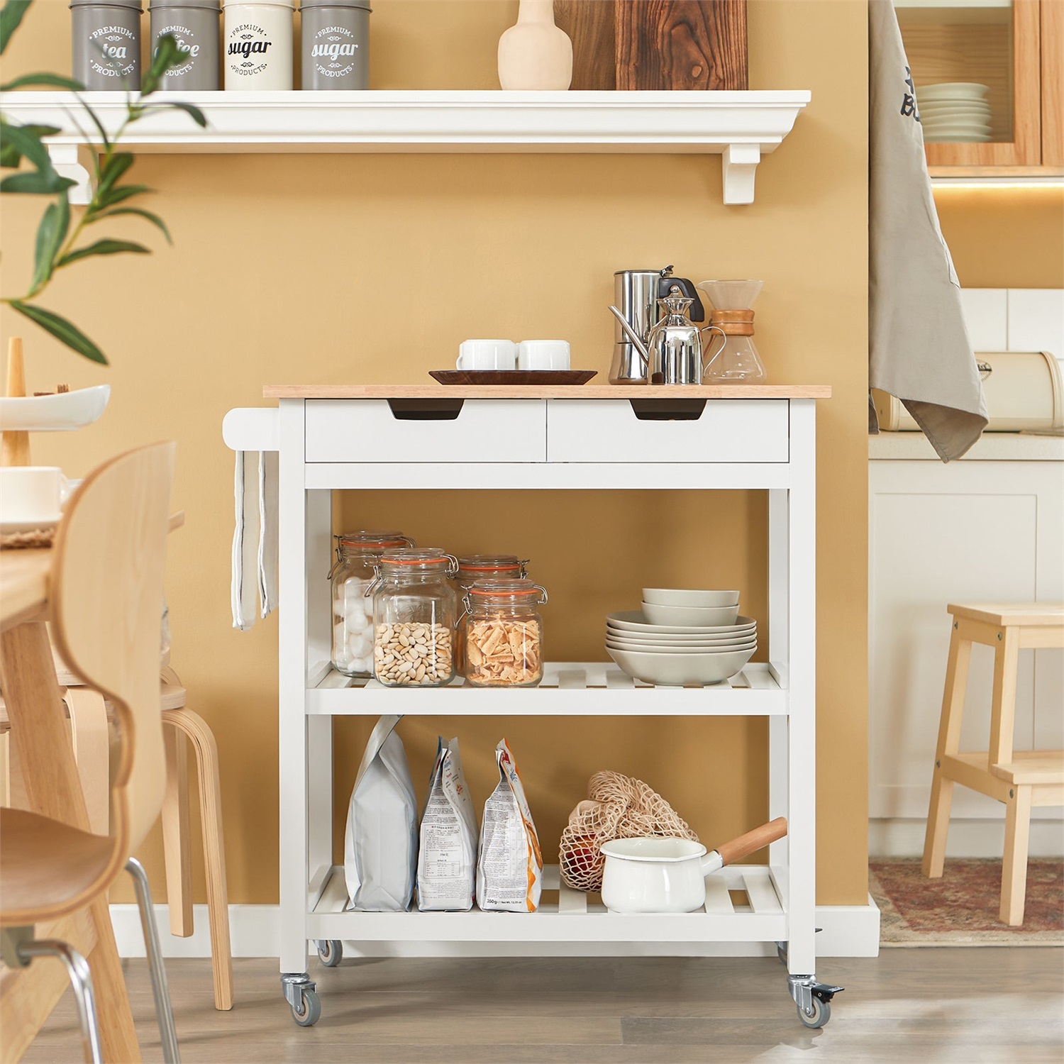 SoBuy FKW68-WN Carrello da Cucina con 2 Cassetti e 2 Ripiani, Piano in Legno di Hevea, Dimensioni 85x39x90 cm, Bianco