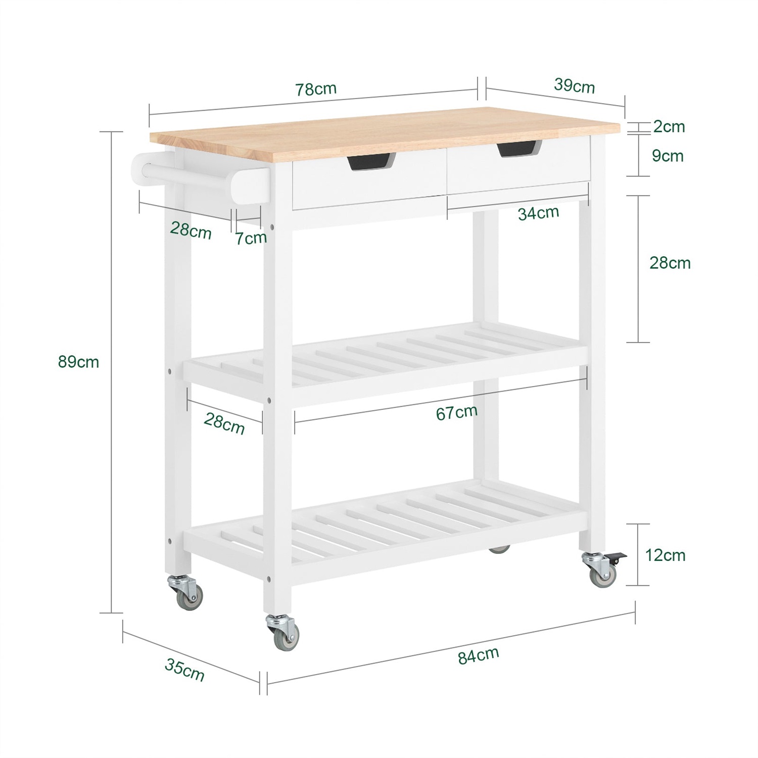 SoBuy FKW68-WN Carrello da Cucina con 2 Cassetti e 2 Ripiani, Piano in Legno di Hevea, Dimensioni 85x39x90 cm, Bianco