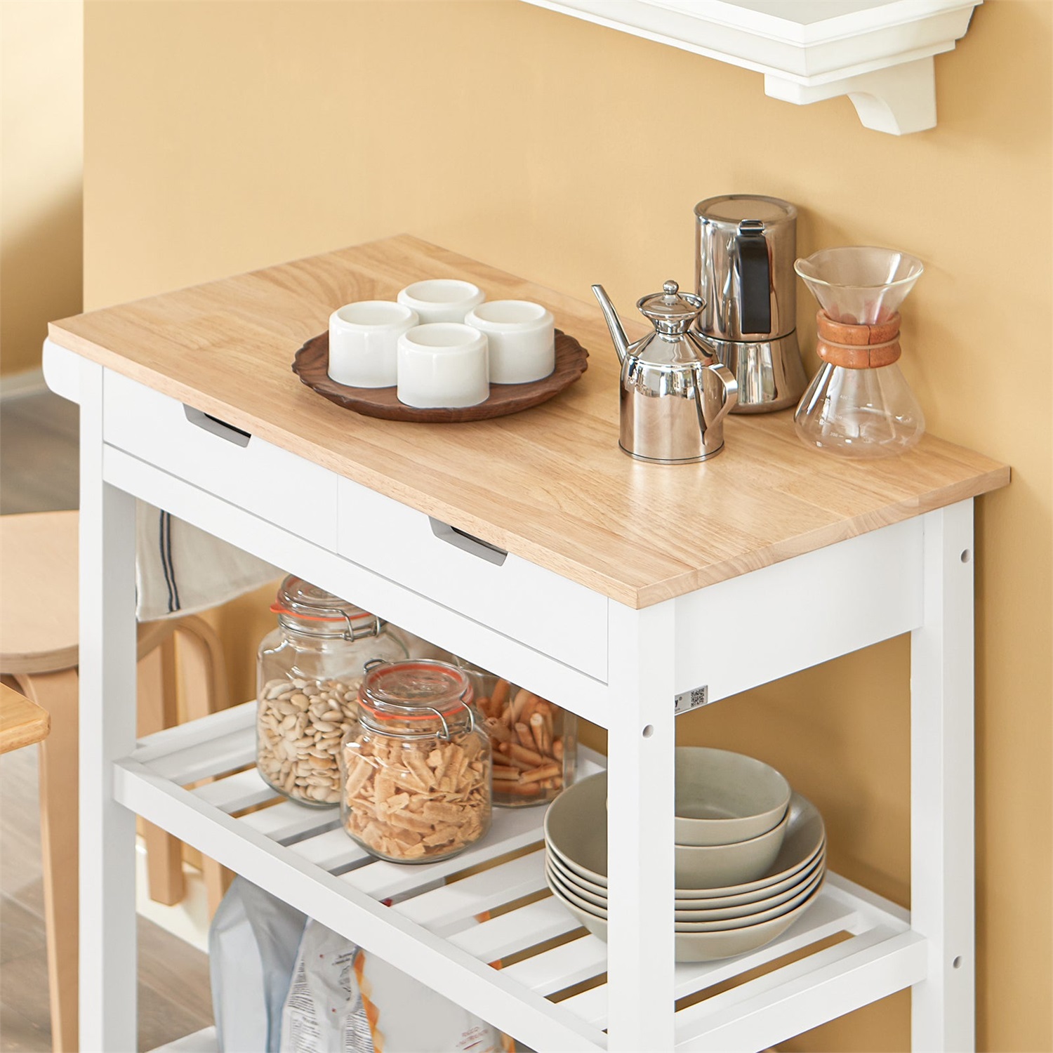 SoBuy FKW68-WN Carrello da Cucina con 2 Cassetti e 2 Ripiani, Piano in Legno di Hevea, Dimensioni 85x39x90 cm, Bianco