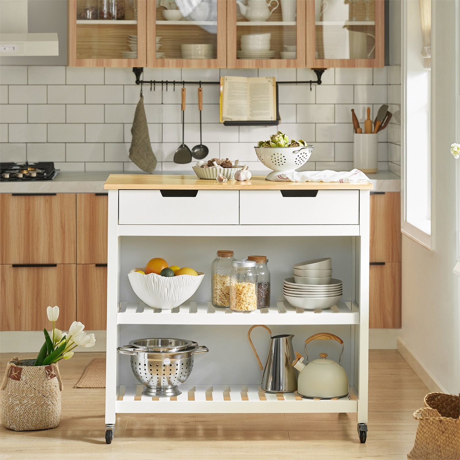 SoBuy FKW74 Carrello Cucina con Isola e Cassetti - Mobiletto Salvaspazio Bianco-Naturale 98x94x58 cm