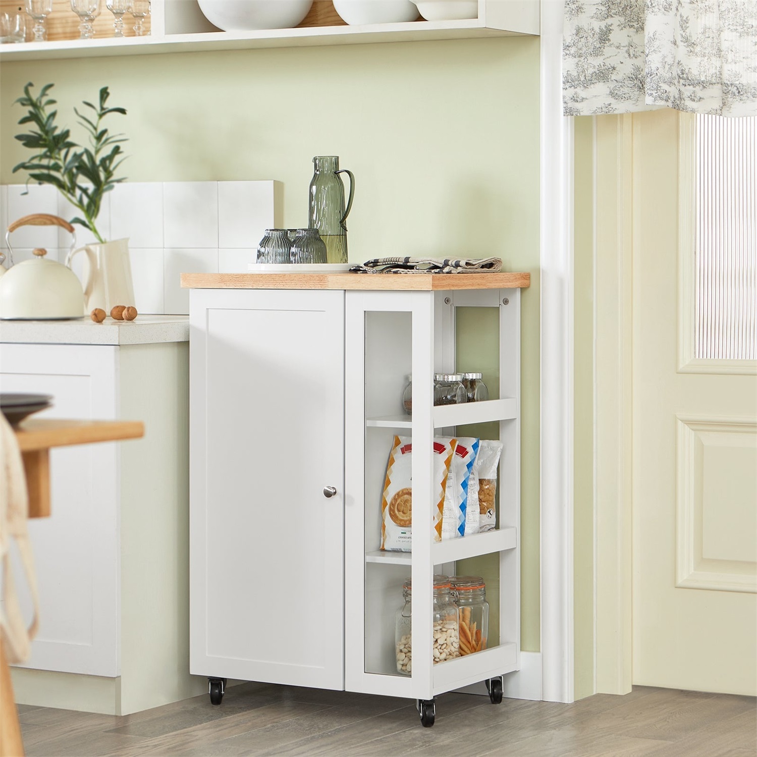 SoBuy Carrello da Cucina Salvaspazio con Ruote - Mobile Compatto con Credenza Bassa e Piano di Lavoro, 60x92x45cm, Bianco