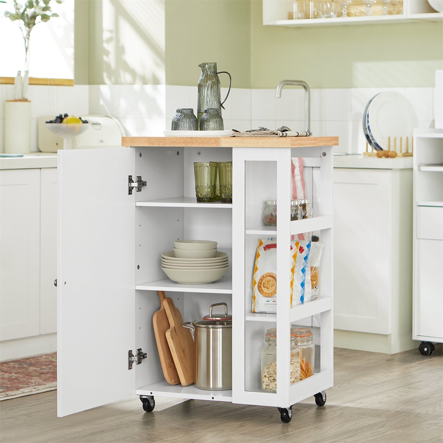 SoBuy Carrello da Cucina Salvaspazio con Ruote - Mobile Compatto con Credenza Bassa e Piano di Lavoro, 60x92x45cm, Bianco