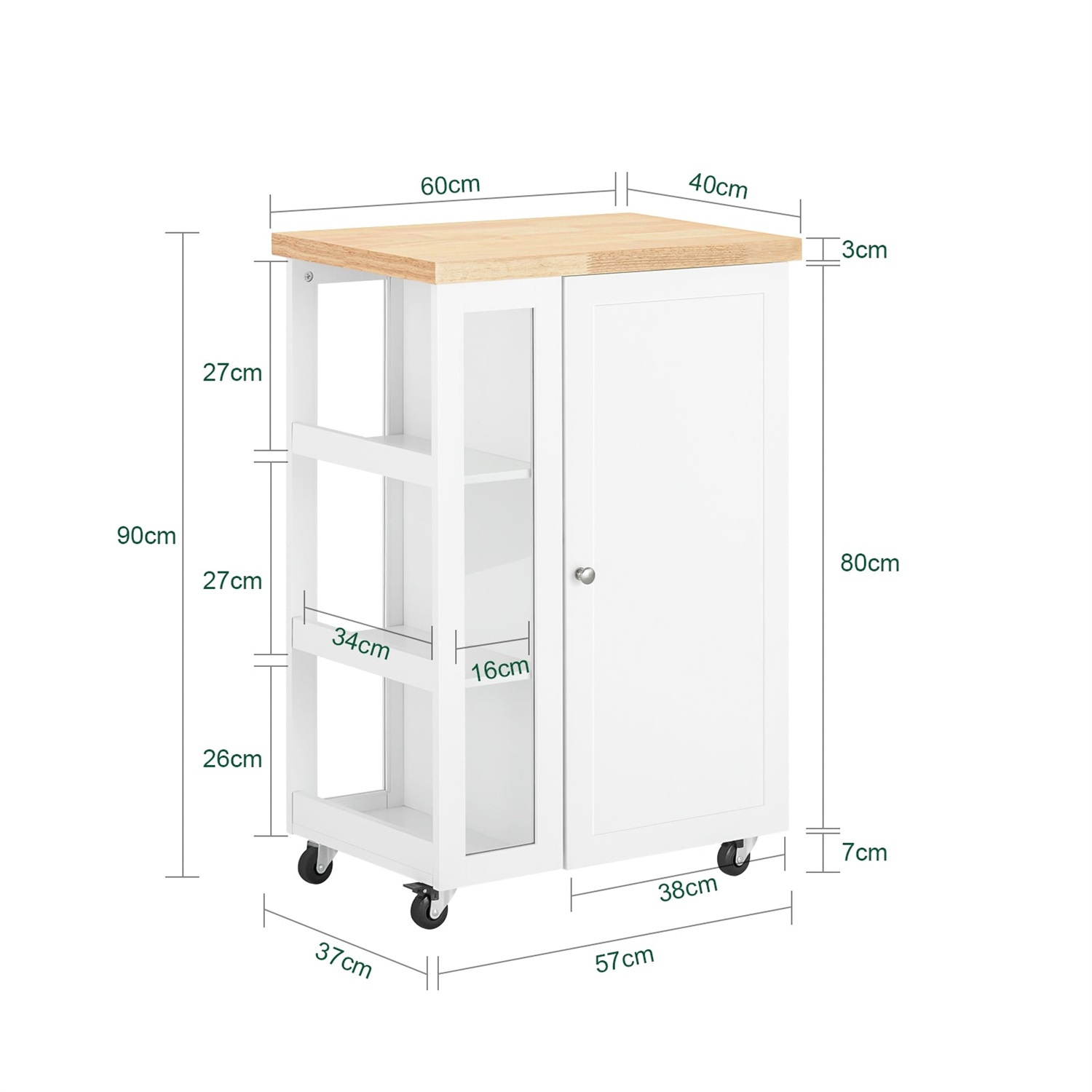 SoBuy Carrello da Cucina Salvaspazio con Ruote - Mobile Compatto con Credenza Bassa e Piano di Lavoro, 60x92x45cm, Bianco