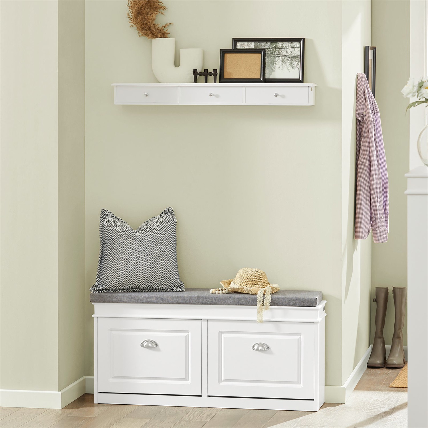 SoBuy FSR64-W Scarpiera Salvaspazio Slim con Panca Contenitore e Cuscino - L104*P24*A52 cm, Bianco