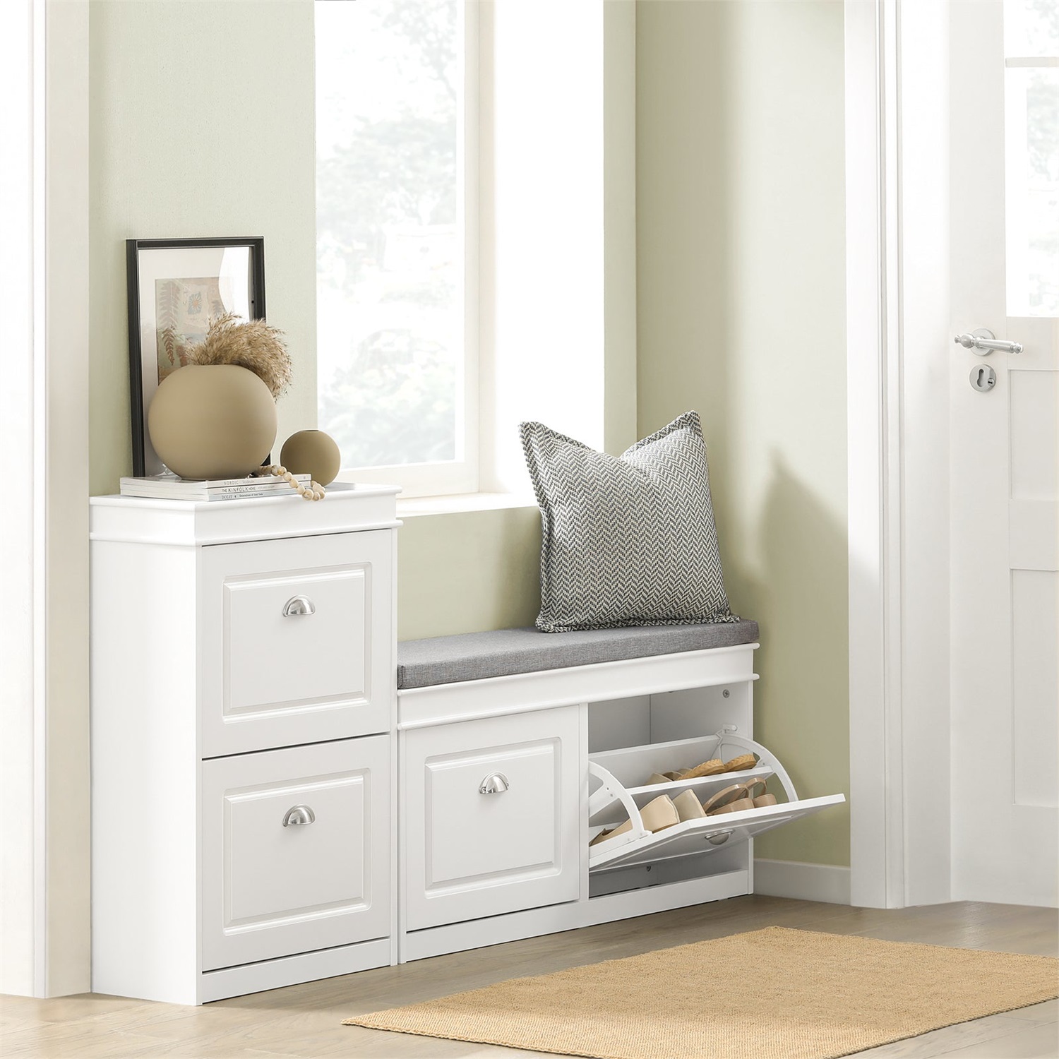 SoBuy FSR64-W Scarpiera Salvaspazio Slim con Panca Contenitore e Cuscino - L104*P24*A52 cm, Bianco