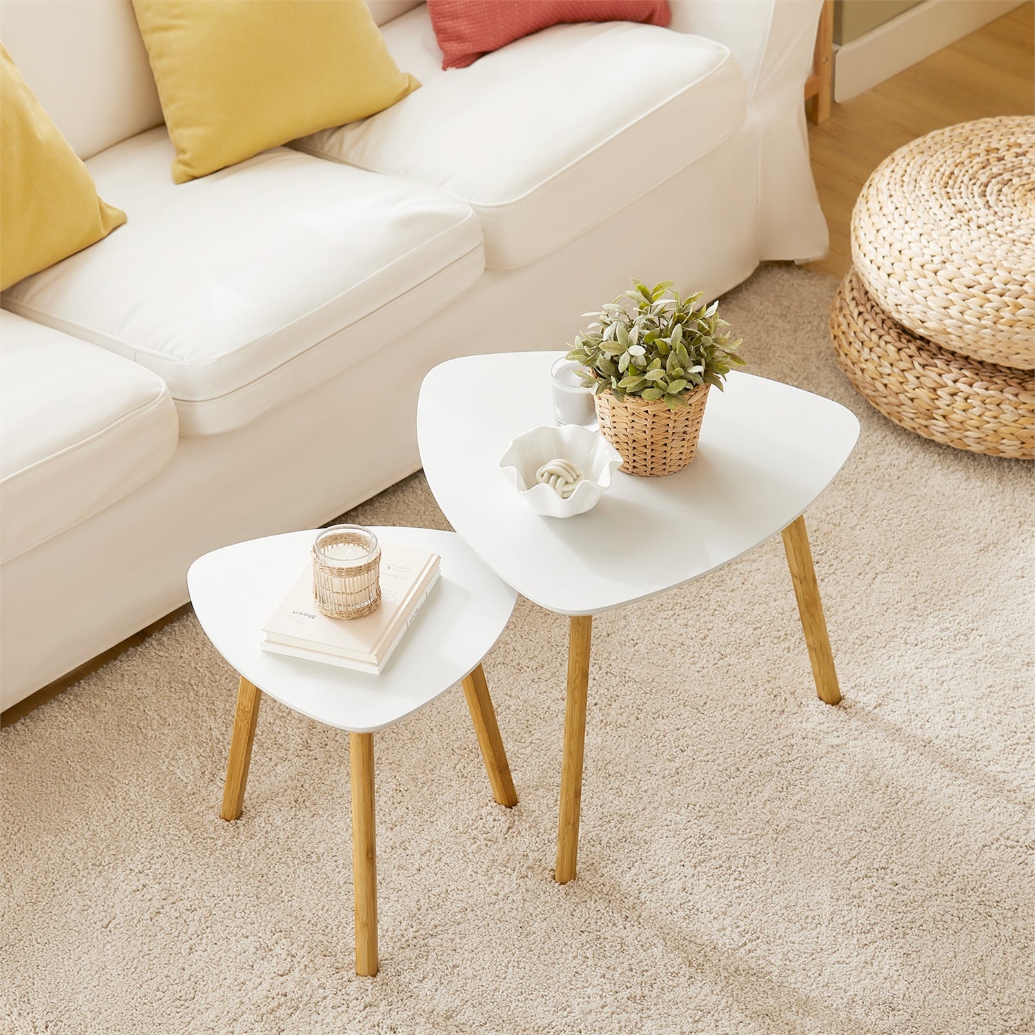 SoBuy Set di 2 Tavolini Sovrapponibili in Bambù Bianco - Grande 55x55x45 cm e Piccolo 40x40x40 cm