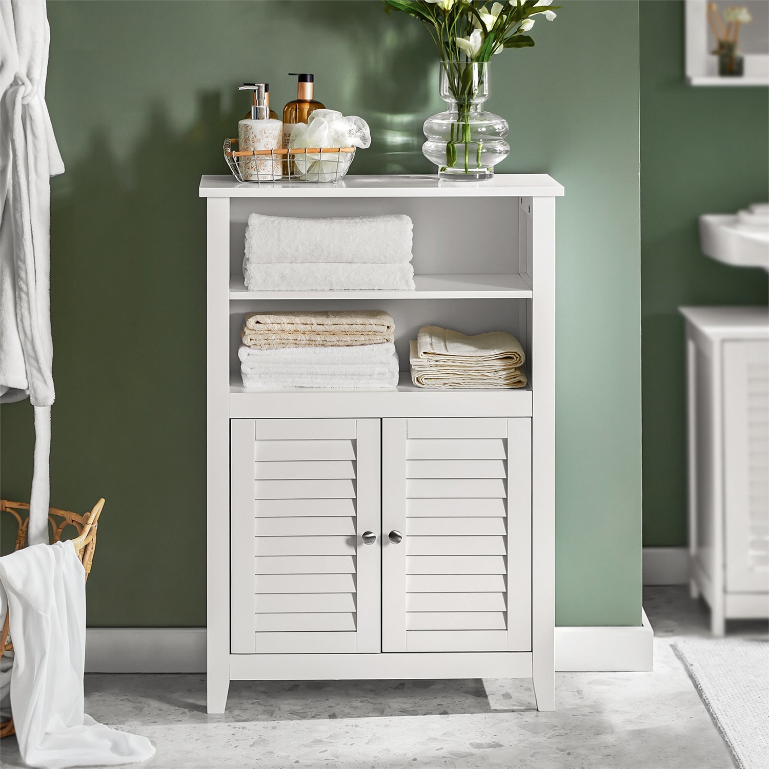SoBuy BZR13-W Armadietto da Bagno Salvaspazio in Legno Bianco con 1 Armadietto e 2 Ripiani - Dimensioni 60x26x90 cm