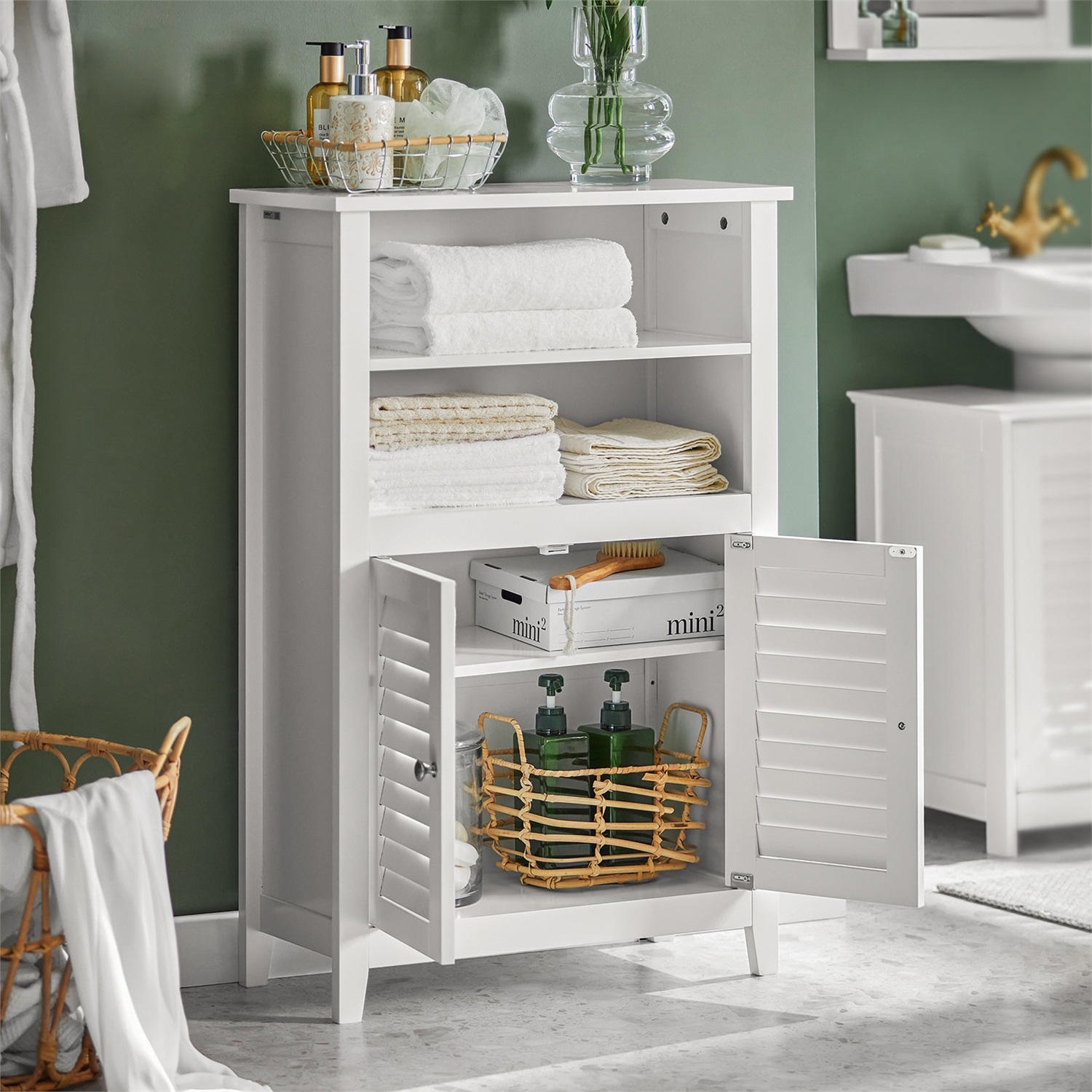 SoBuy BZR13-W Armadietto da Bagno Salvaspazio in Legno Bianco con 1 Armadietto e 2 Ripiani - Dimensioni 60x26x90 cm