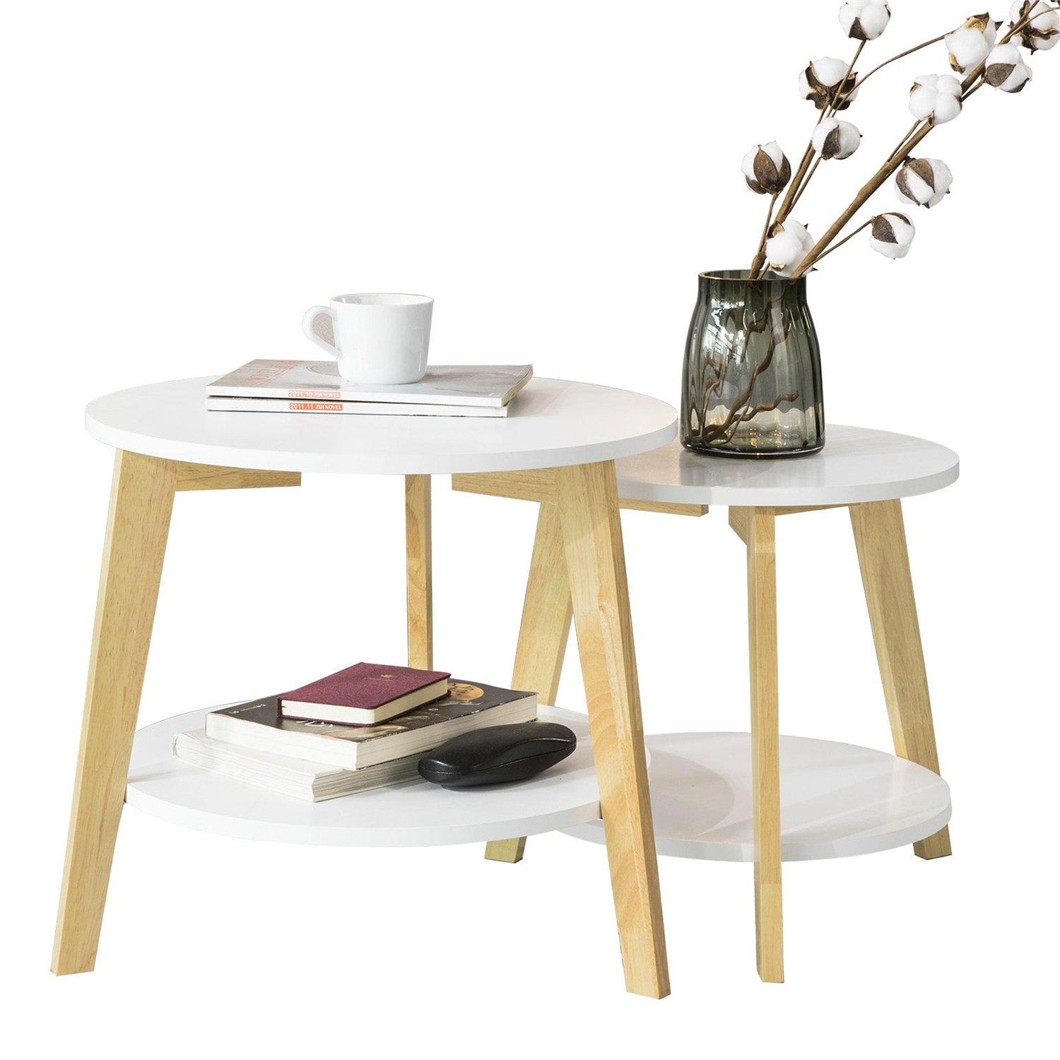 SoBuy FBT75-W Set di 2 Tavolini Nidificanti Rotondi per Soggiorno - Bianco, Grande Ø 50cm e Piccolo Ø 40cm