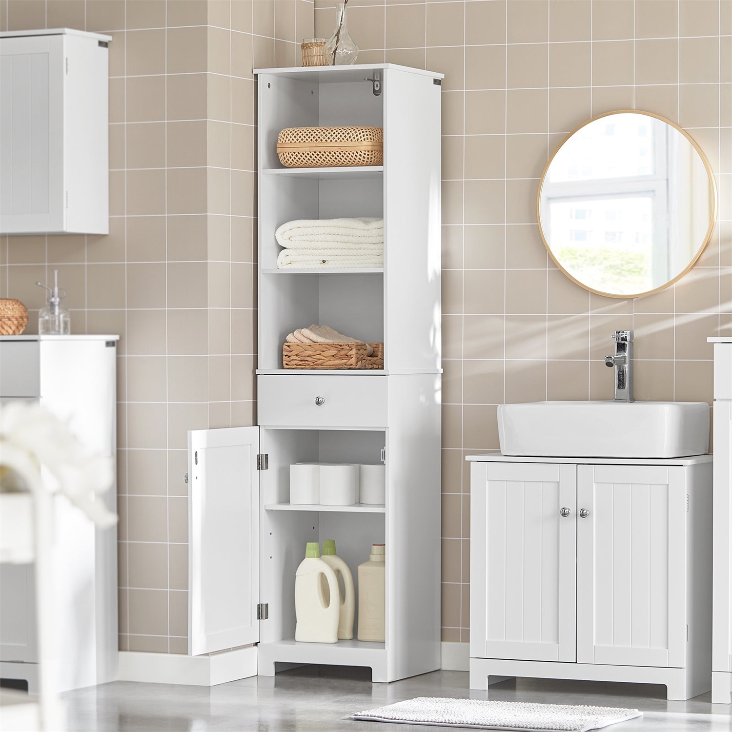 SoBuy Mobiletto Alto da Bagno BZR17 - Colonna Salvaspazio con 3 Scomparti, 1 Cassetto e 1 Anta - Bianco