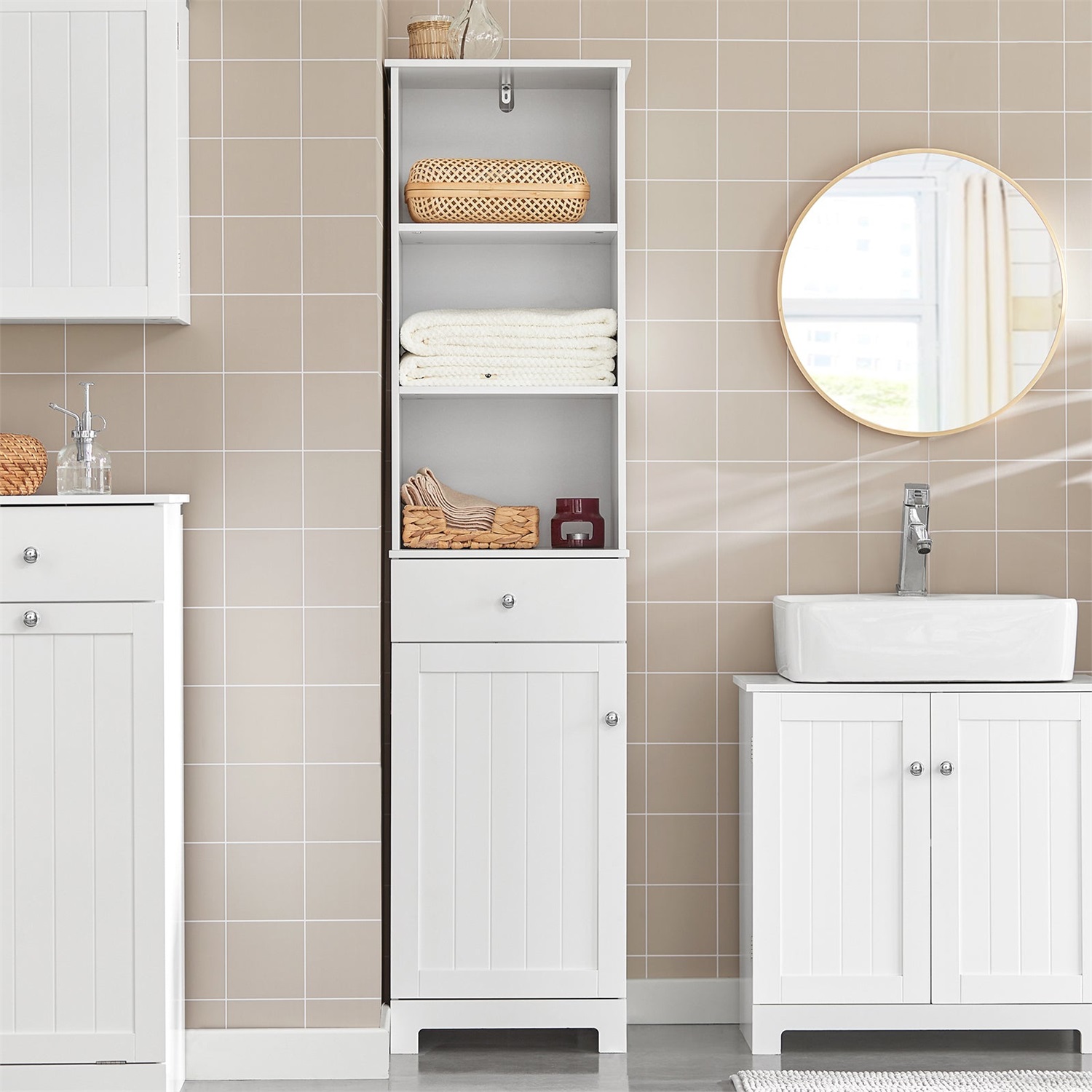 SoBuy Mobiletto Alto da Bagno BZR17 - Colonna Salvaspazio con 3 Scomparti, 1 Cassetto e 1 Anta - Bianco