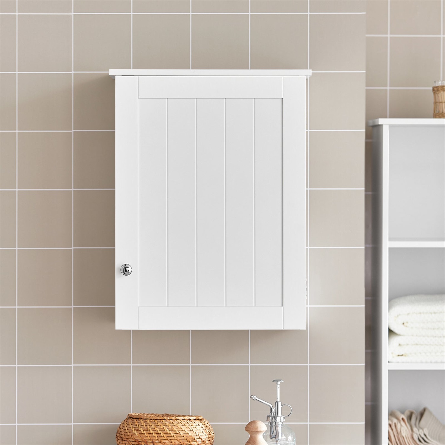 SoBuy Armadio Sospeso BZR19-W Bianco con Anta e Ripiani Regolabili per Bagno e Cucina