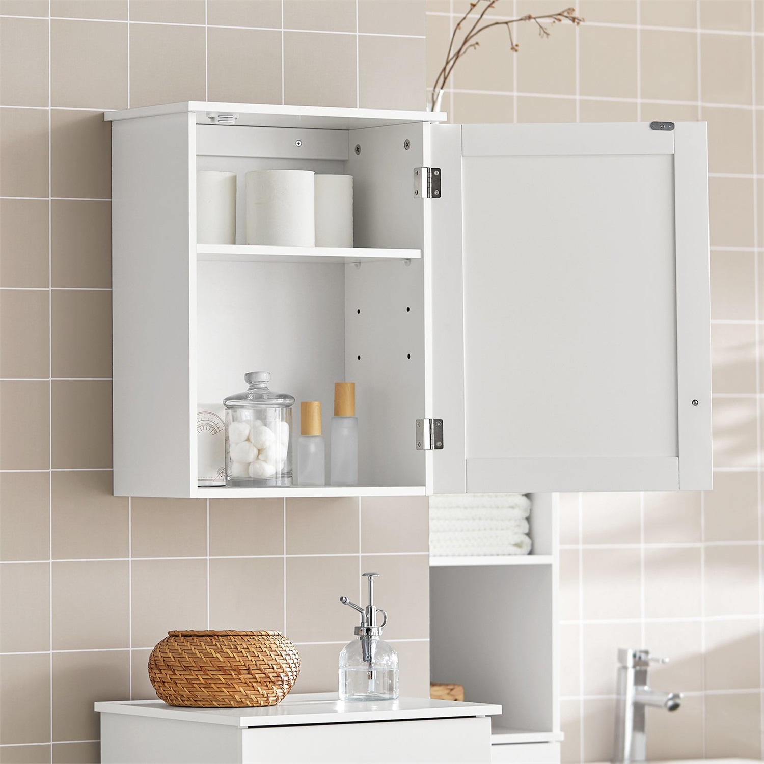 SoBuy Armadio Sospeso BZR19-W Bianco con Anta e Ripiani Regolabili per Bagno e Cucina