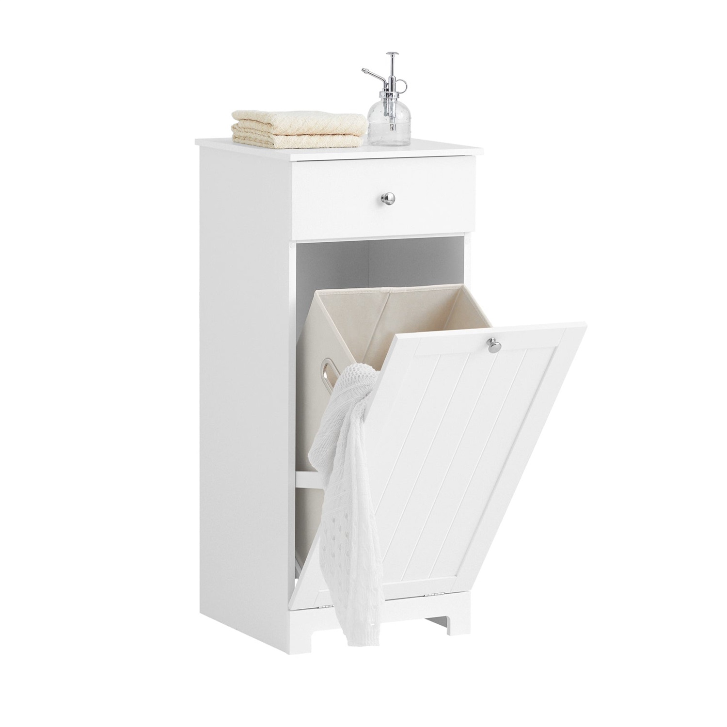 SoBuy BZR21-W Armadietto di Conservazione per Bagno con Cassetto e Cesto Portabiancheria Estraibile - Design Salvaspazio in MDF Bianco, L40×P38×H90 cm