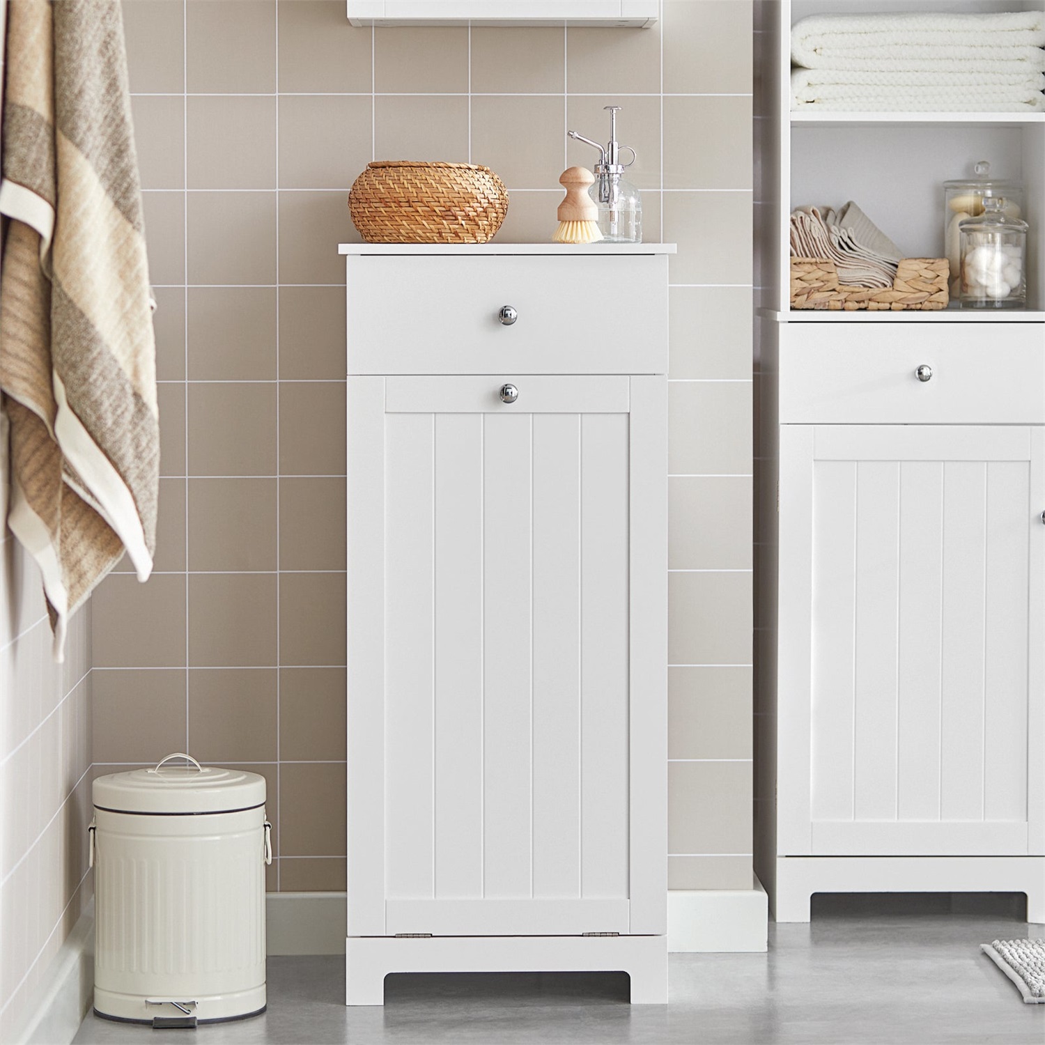 SoBuy BZR21-W Armadietto di Conservazione per Bagno con Cassetto e Cesto Portabiancheria Estraibile - Design Salvaspazio in MDF Bianco, L40×P38×H90 cm