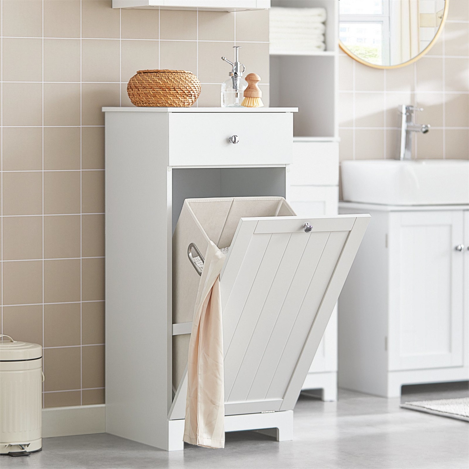 SoBuy BZR21-W Armadietto di Conservazione per Bagno con Cassetto e Cesto Portabiancheria Estraibile - Design Salvaspazio in MDF Bianco, L40×P38×H90 cm
