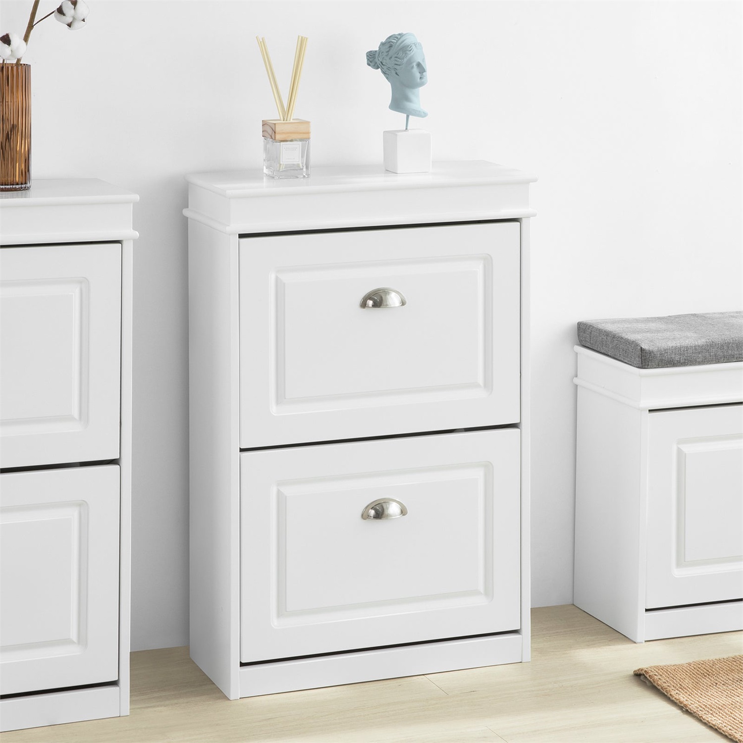 SoBuy FSR78-W Scarpiera Salvaspazio Slim con 2 Ante a Ribalta, Mobiletto per Ingresso, Capacità fino a 8 Paia di Scarpe, Dimensioni 54x24x83 cm