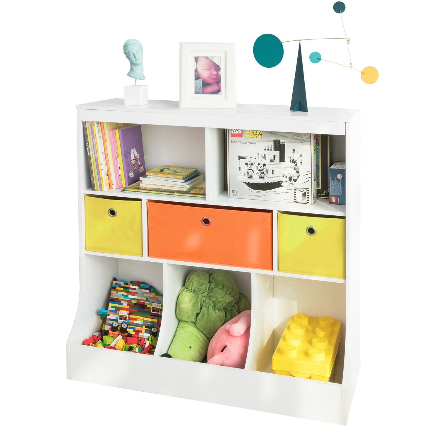 SoBuy Libreria Montessoriana per Bambini con 5 Scomparti e 3 Organizer in Tessuto - L92*P40*A93 cm