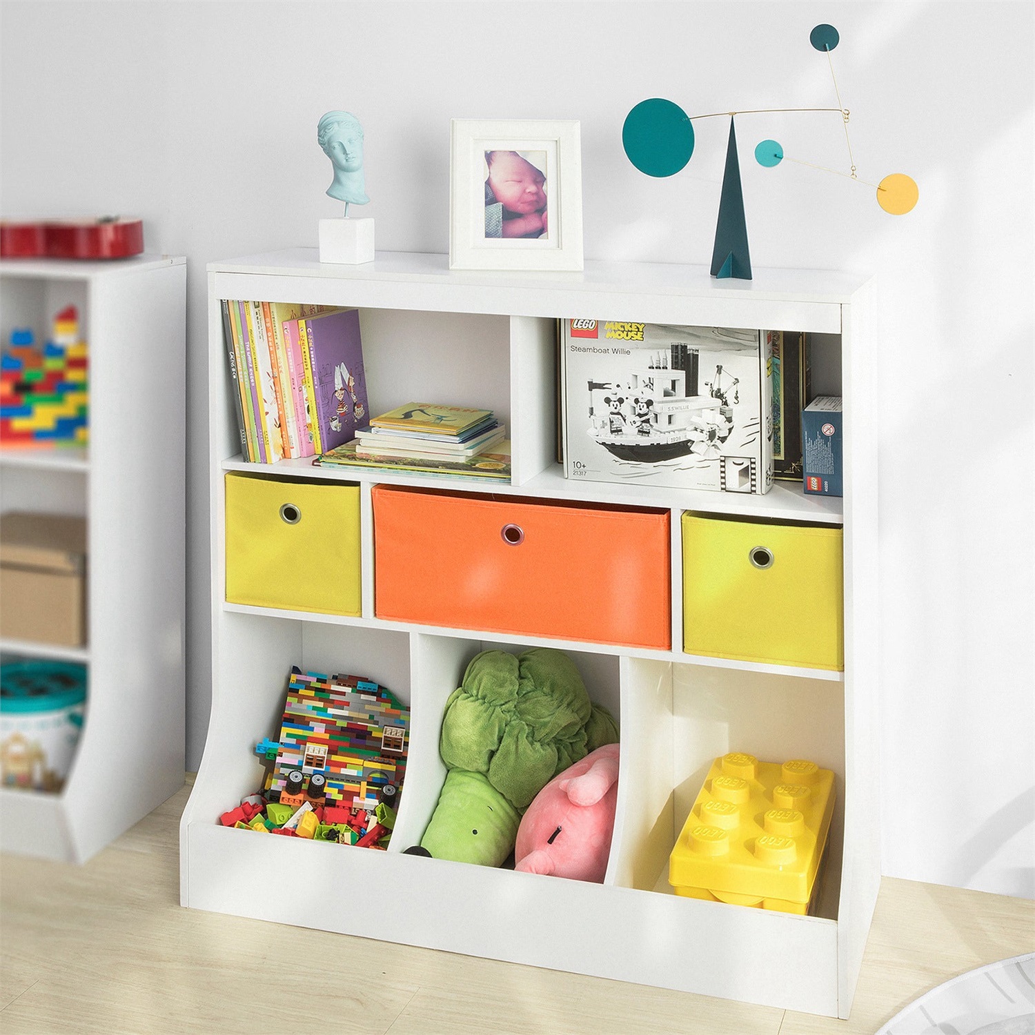 SoBuy Libreria Montessoriana per Bambini con 5 Scomparti e 3 Organizer in Tessuto - L92*P40*A93 cm