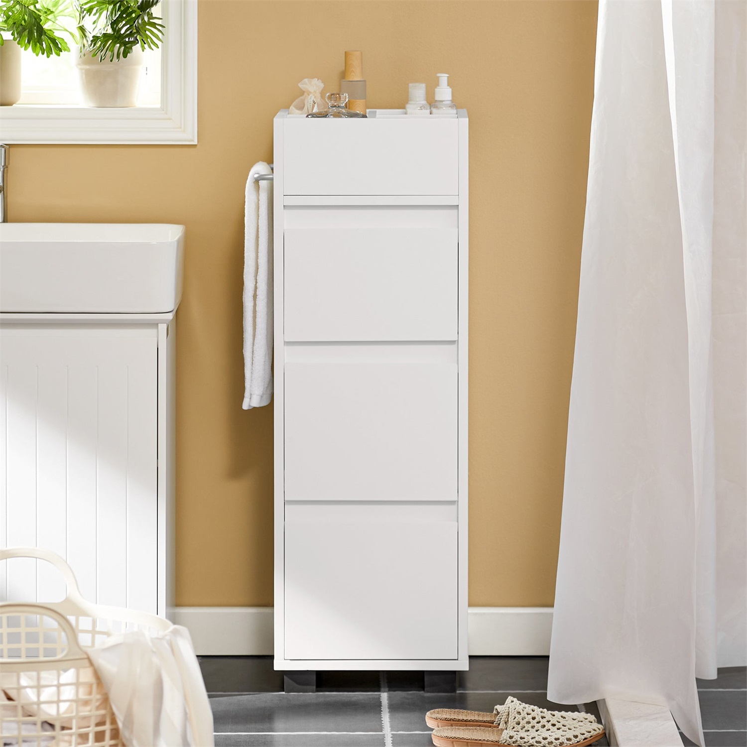 SoBuy BZR29-W Mobiletto da Bagno Salvaspazio Bianco con 3 Cassetti e 4 Scomparti, Dimensioni 30x90x30 cm