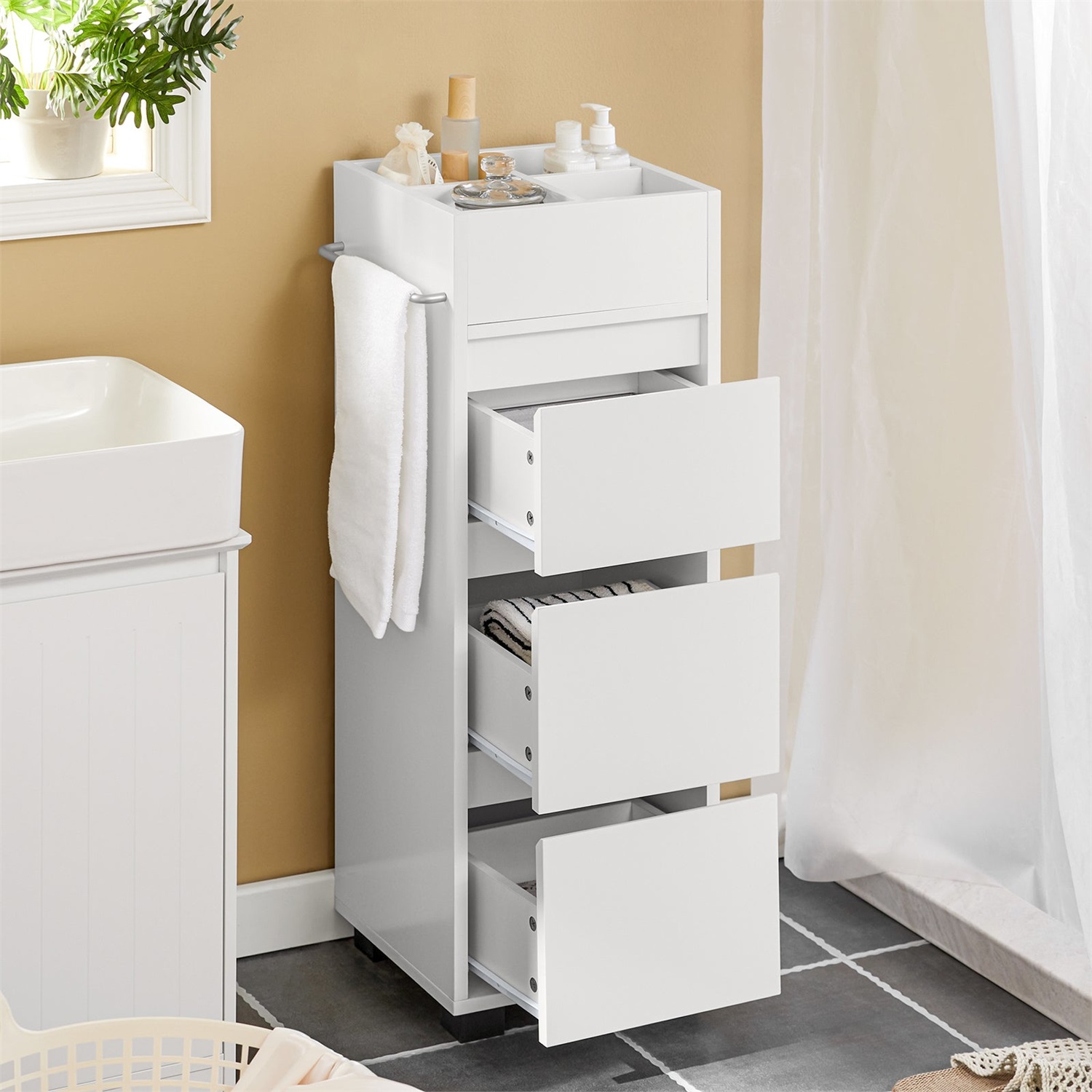 SoBuy BZR29-W Mobiletto da Bagno Salvaspazio Bianco con 3 Cassetti e 4 Scomparti, Dimensioni 30x90x30 cm