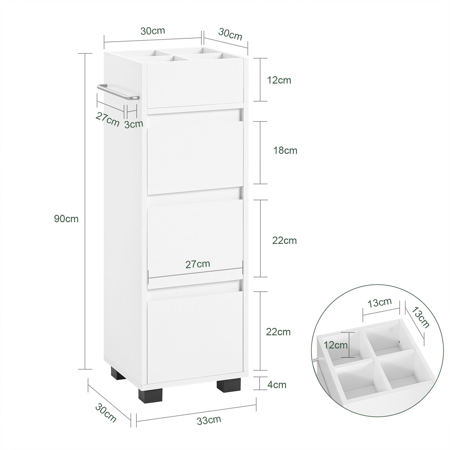 SoBuy BZR29-W Mobiletto da Bagno Salvaspazio Bianco con 3 Cassetti e 4 Scomparti, Dimensioni 30x90x30 cm