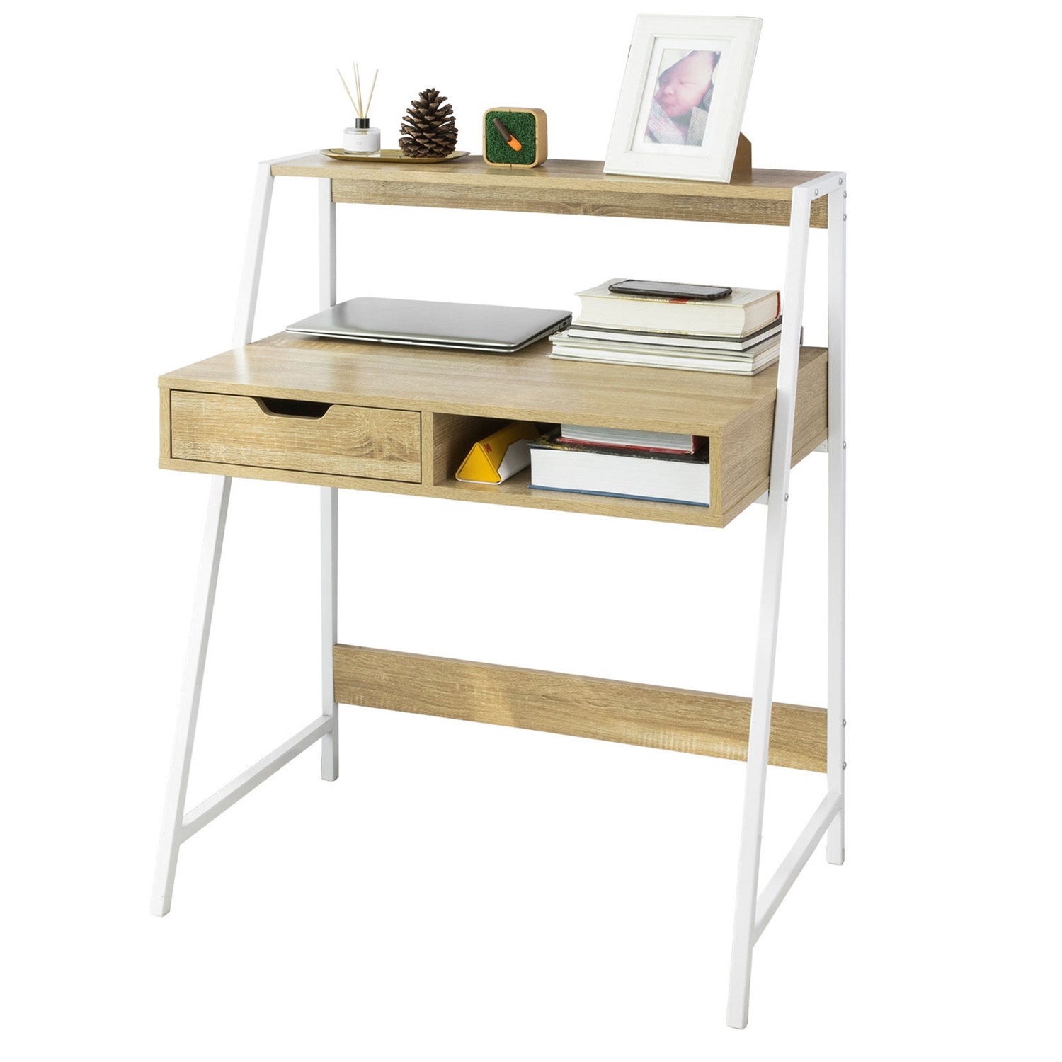 SoBuy FWT63-N Scrivania Piccola con Vassoio, Cassetto e Libreria - Dimensioni L76*P50*A75 cm, Struttura in Ferro Verniciato