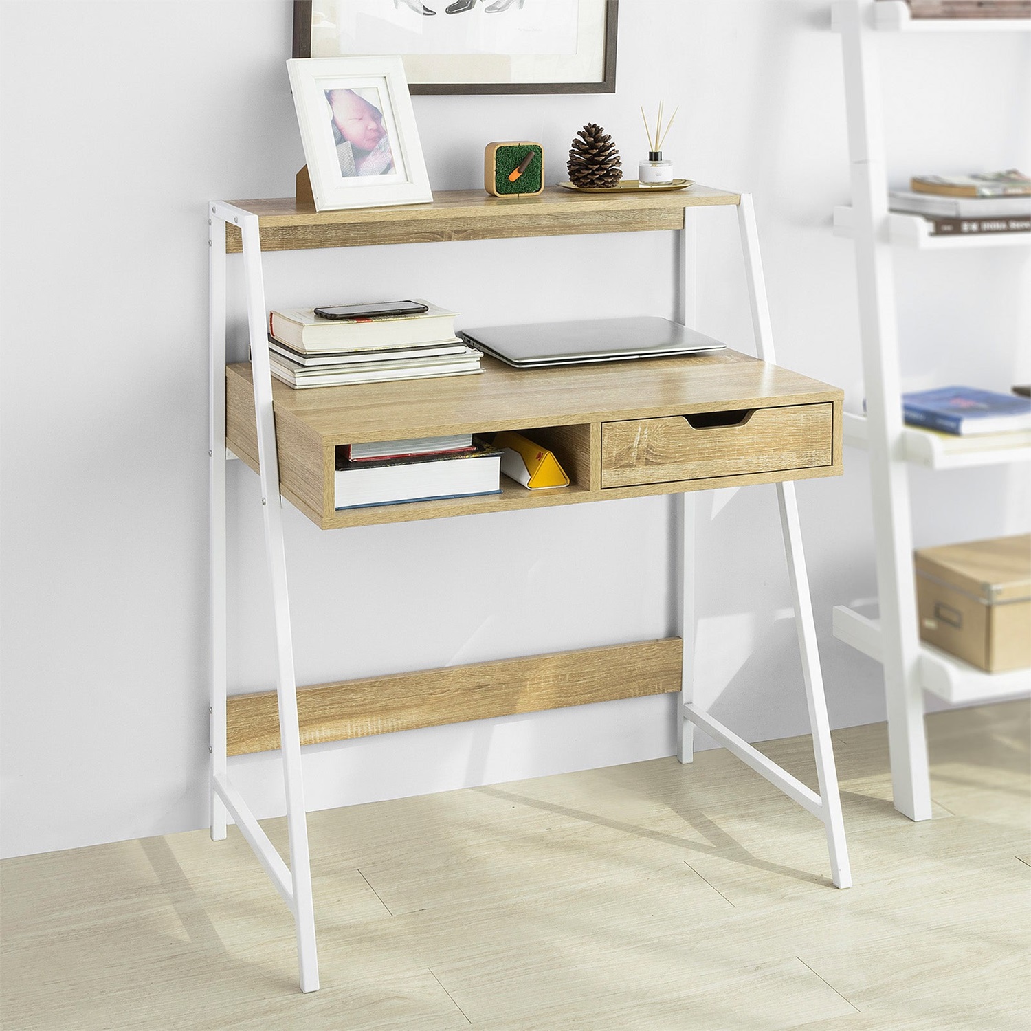 SoBuy FWT63-N Scrivania Piccola con Vassoio, Cassetto e Libreria - Dimensioni L76*P50*A75 cm, Struttura in Ferro Verniciato