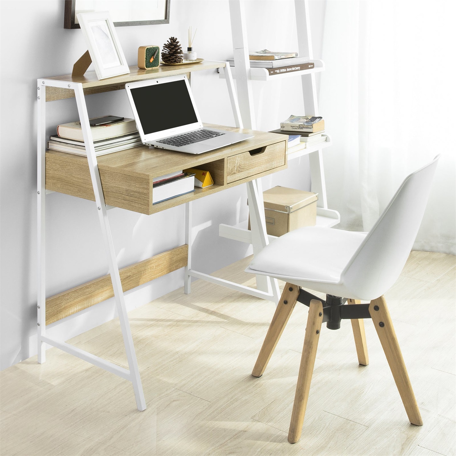 SoBuy FWT63-N Scrivania Piccola con Vassoio, Cassetto e Libreria - Dimensioni L76*P50*A75 cm, Struttura in Ferro Verniciato